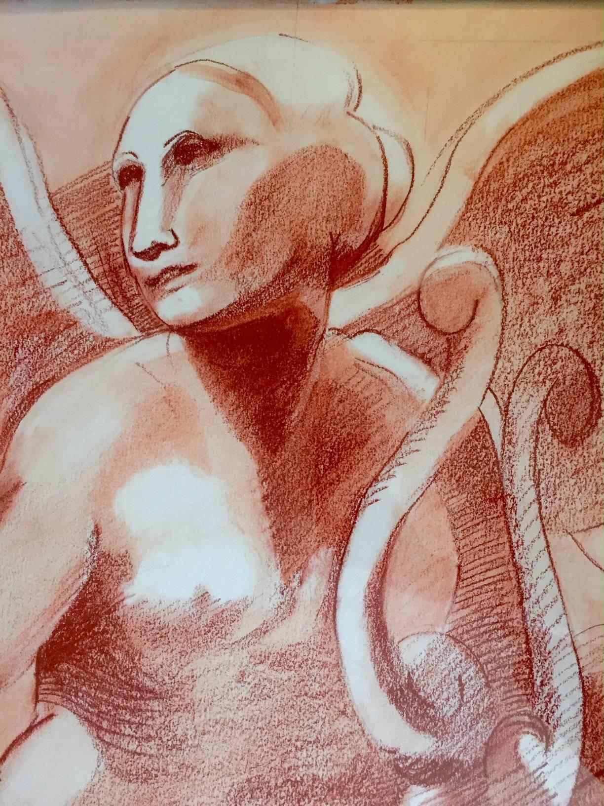 Beautifully rendered original drawing of a sculptural angel in sepia tones, was 1st prize winner at the NY Academy of Fine Arts Show 1994,  signed lower right 
S DeMirjian.  Includes custom carved wood frame.