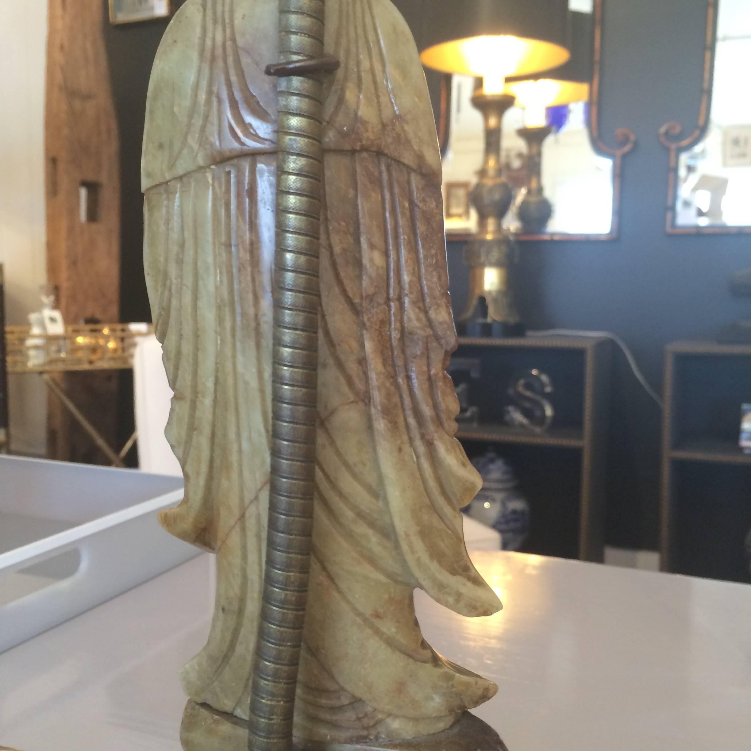19th Century Carved Soapstone Asian Figural Lamp In Excellent Condition In Hopewell, NJ