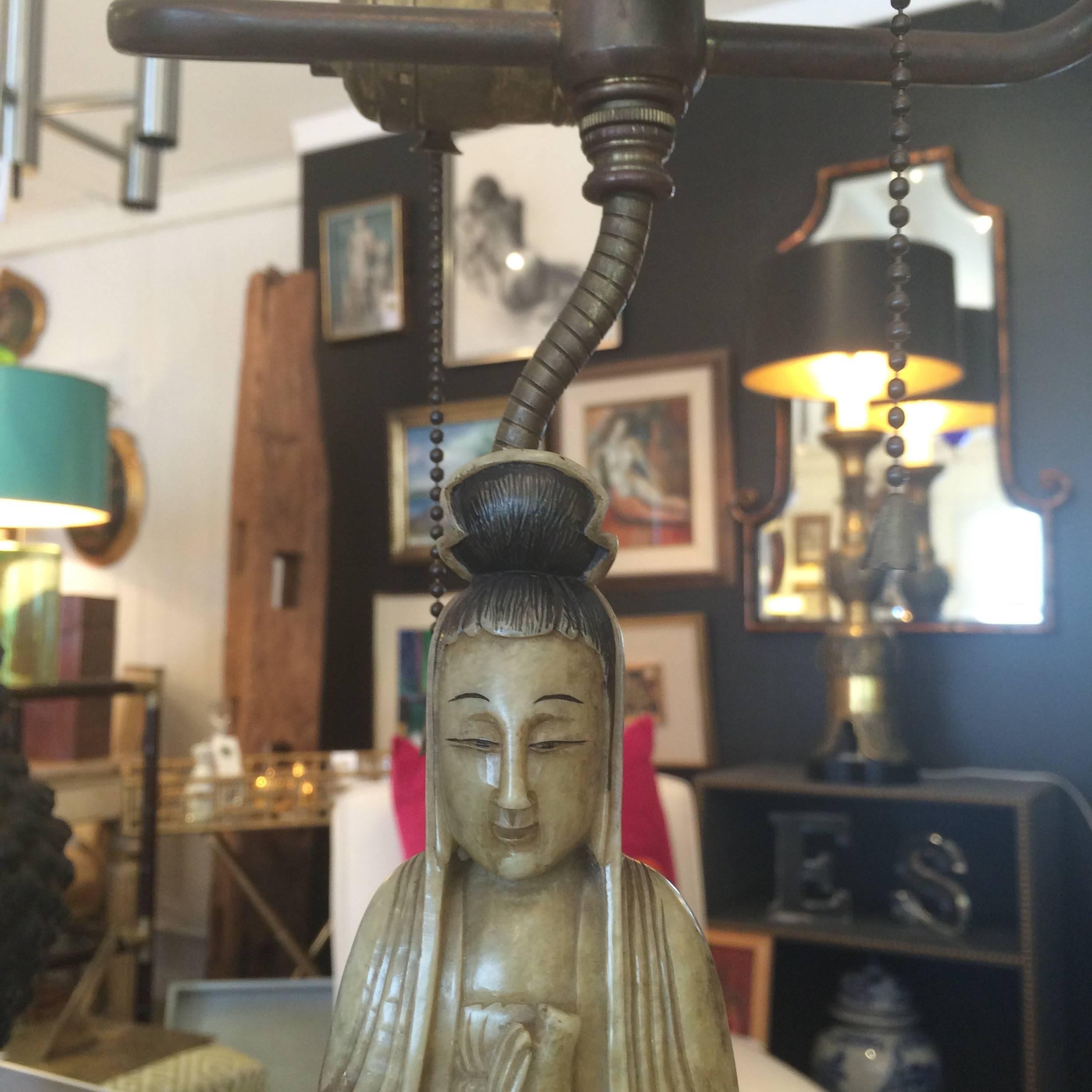19th Century Carved Soapstone Asian Figural Lamp 2