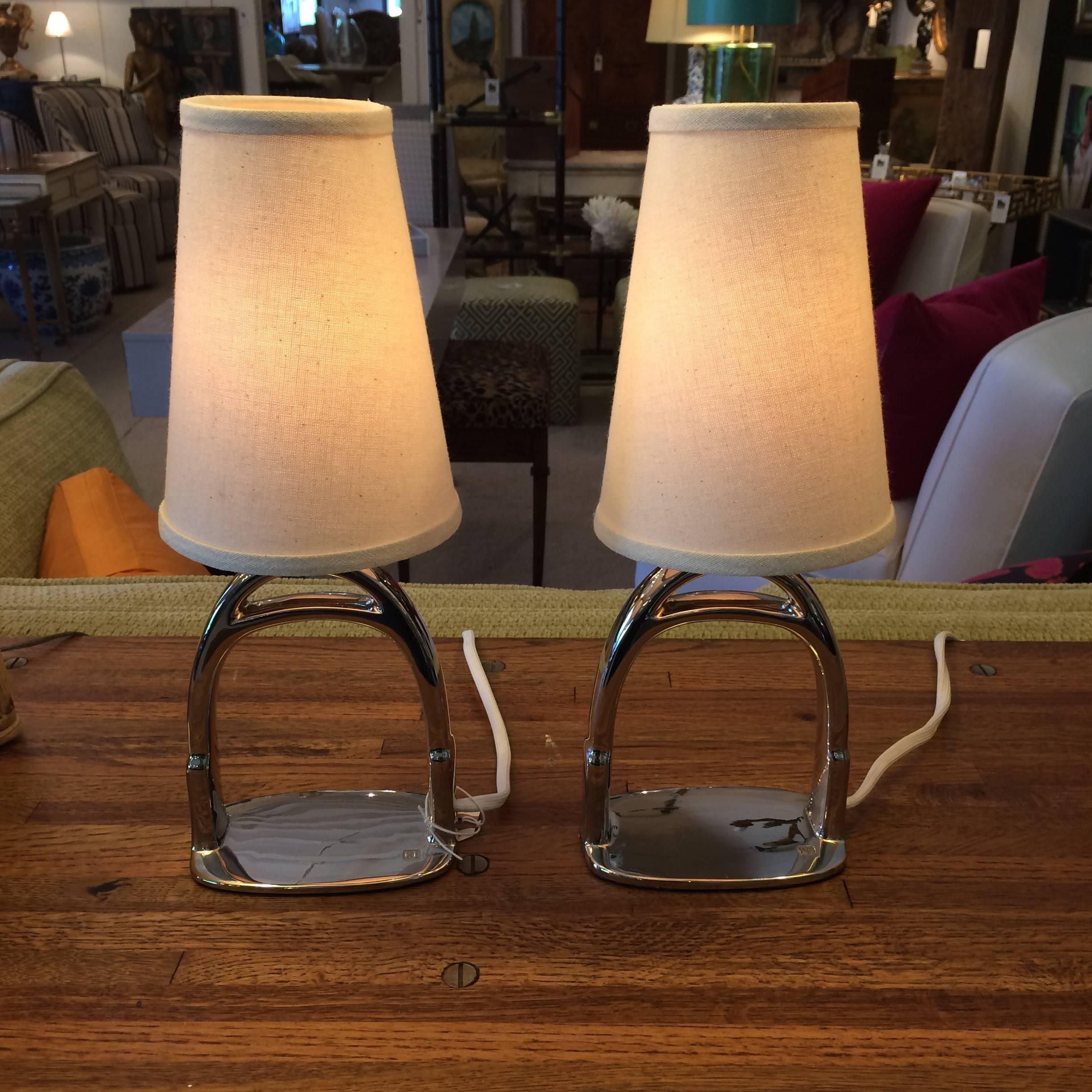 Chrome Ralph Lauren Saddle Stirrup Table Lamps In Excellent Condition In Hopewell, NJ