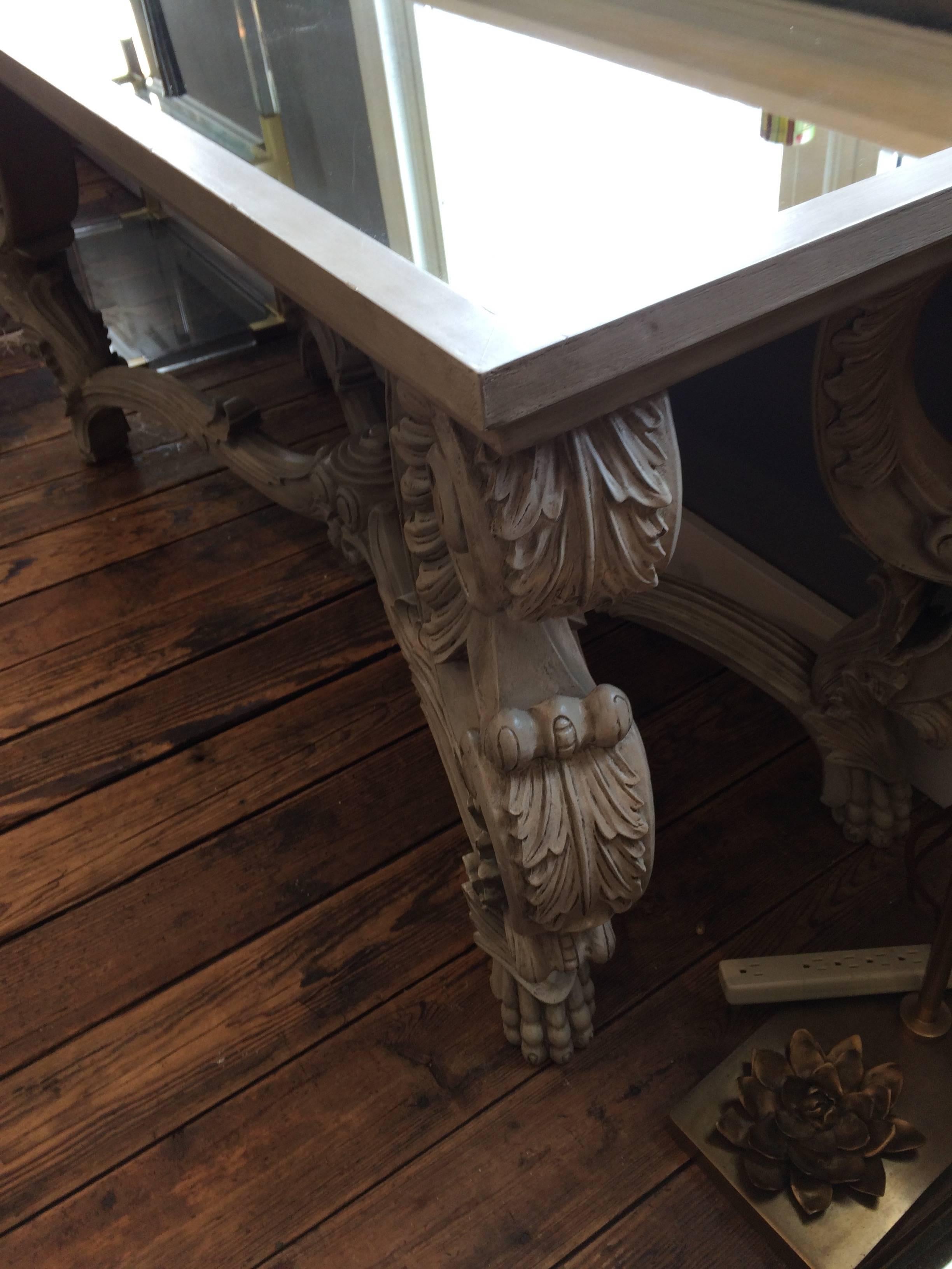 American Oly Sophia Grey Carved Wood Console with Aged Mirror Top