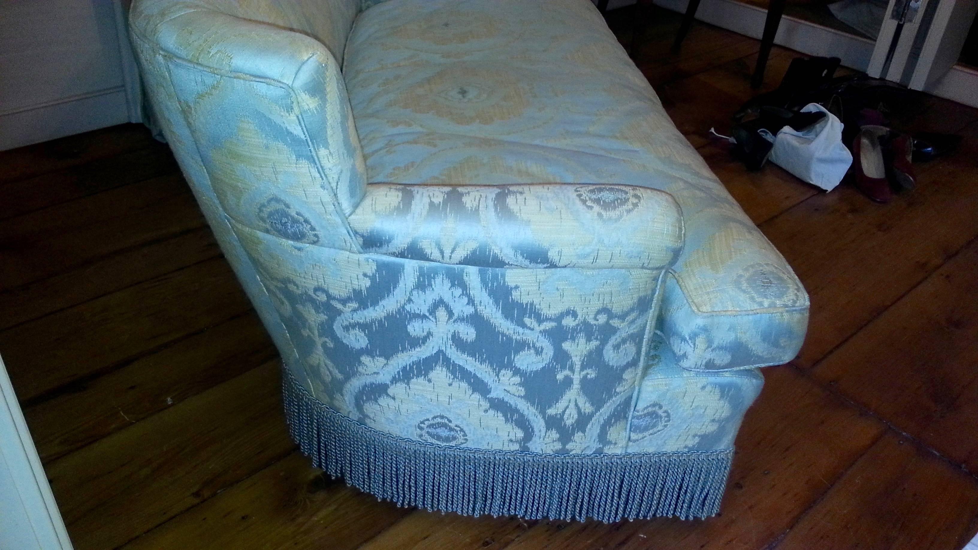 Elegant vintage sofa more recently upholstered in Lee Jofa linen and silk pale blue and beige fabric. Excellent condition. Seat height is 18