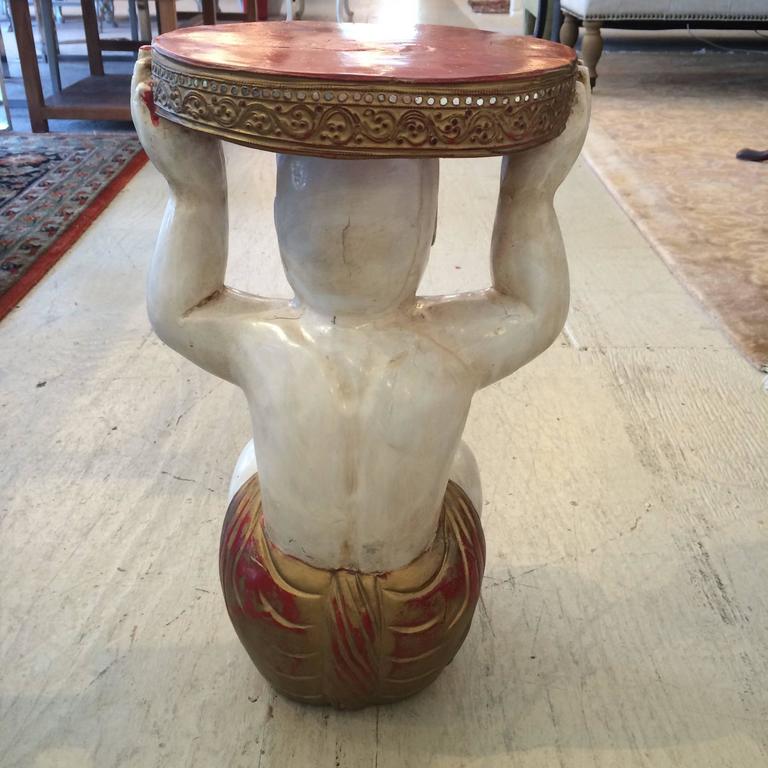 Tony Duquette Style Carved Wood Buddha Drinks Side Table