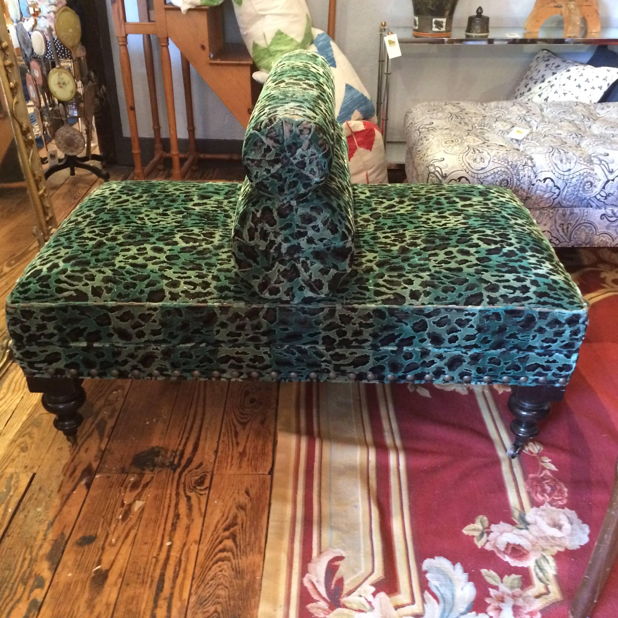 Dramatic vintage back to back chair upholstered in a sensational Scalamandre animal print emerald green chenille. Seat height 17.25.