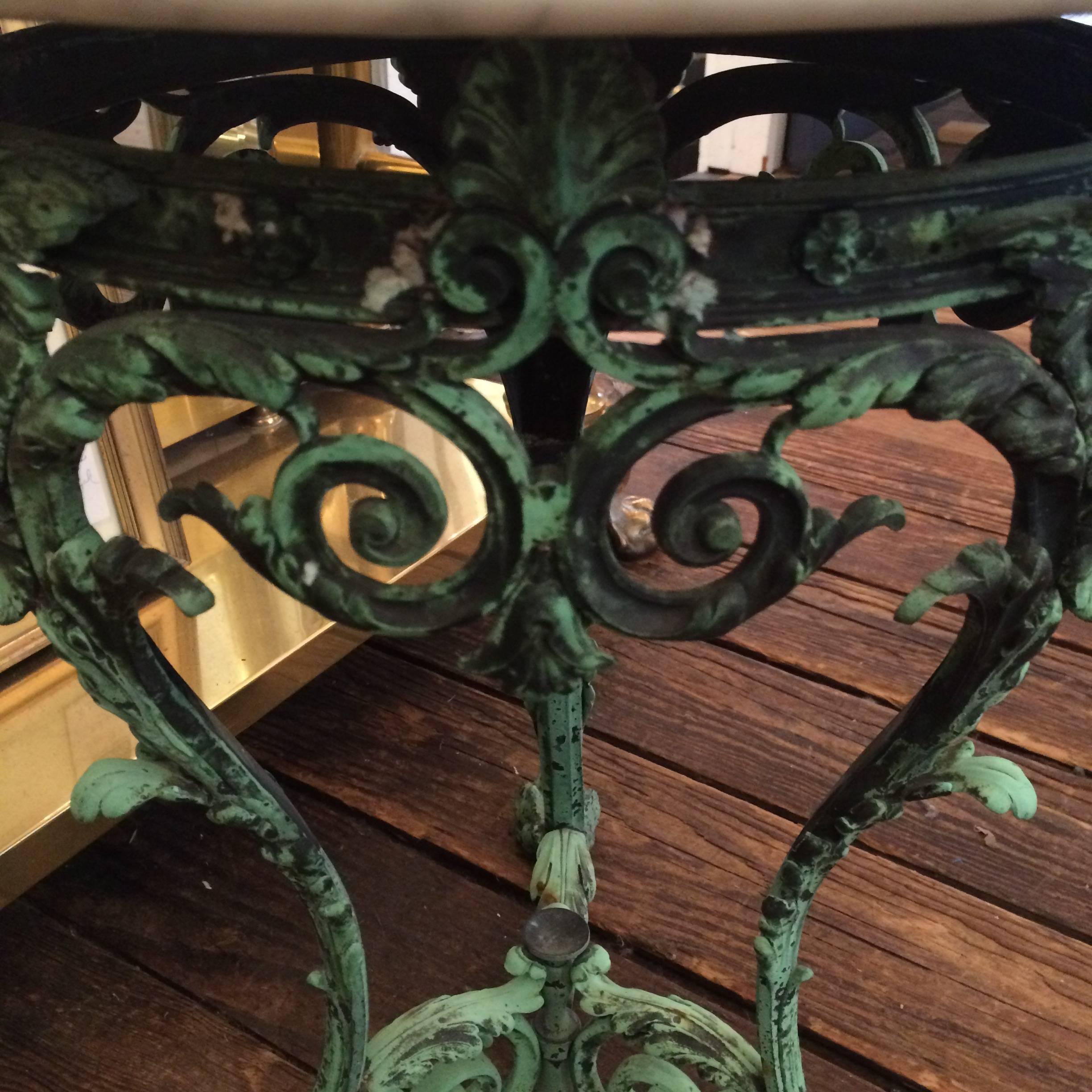 Exquisite Verdigris French Putti and Marble Side Table In Excellent Condition In Hopewell, NJ