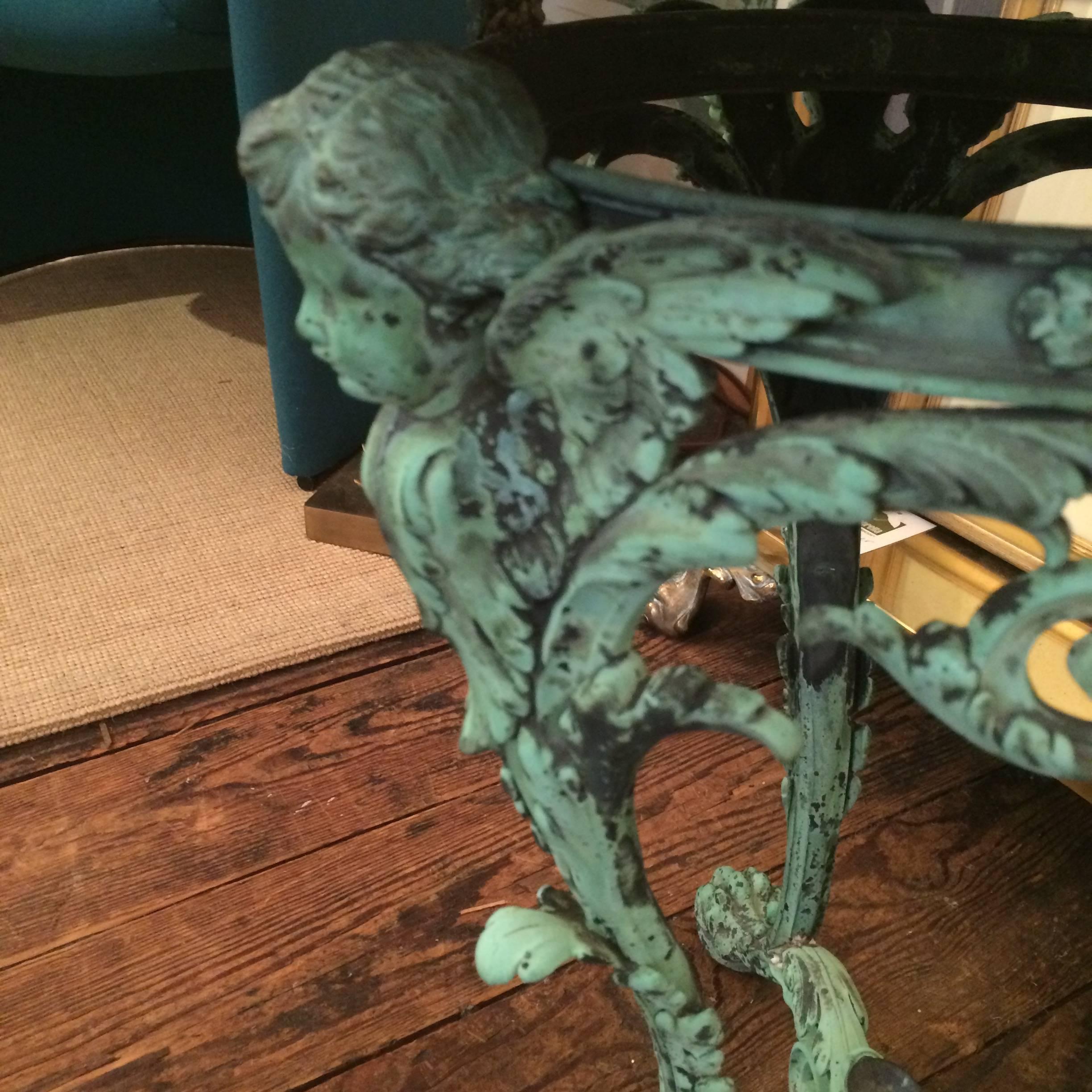 Iron Exquisite Verdigris French Putti and Marble Side Table