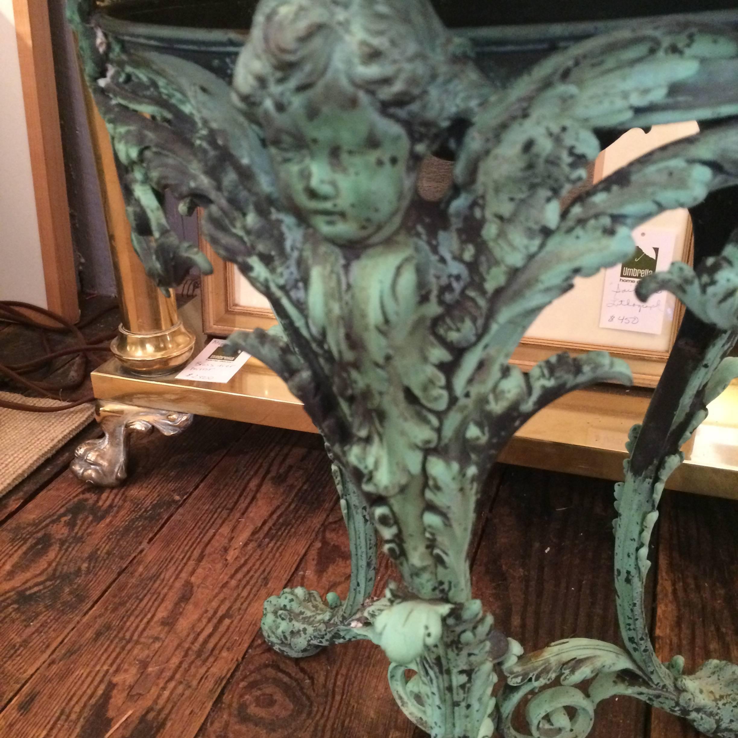 Exquisite Verdigris French Putti and Marble Side Table 1