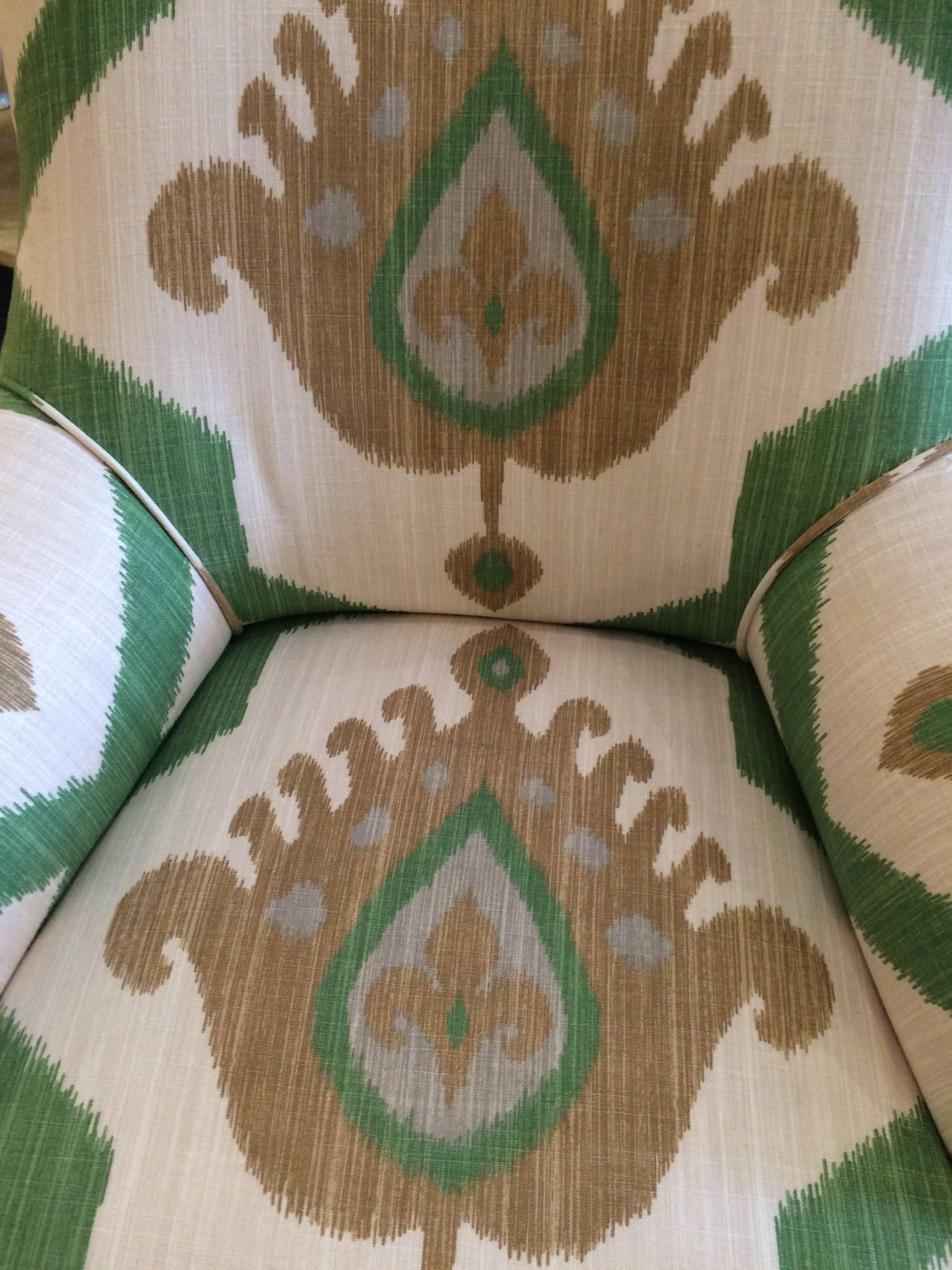 Striking Vintage Ikat Upholstered Club Chair and Crescent Shaped Ottoman In Excellent Condition In Hopewell, NJ