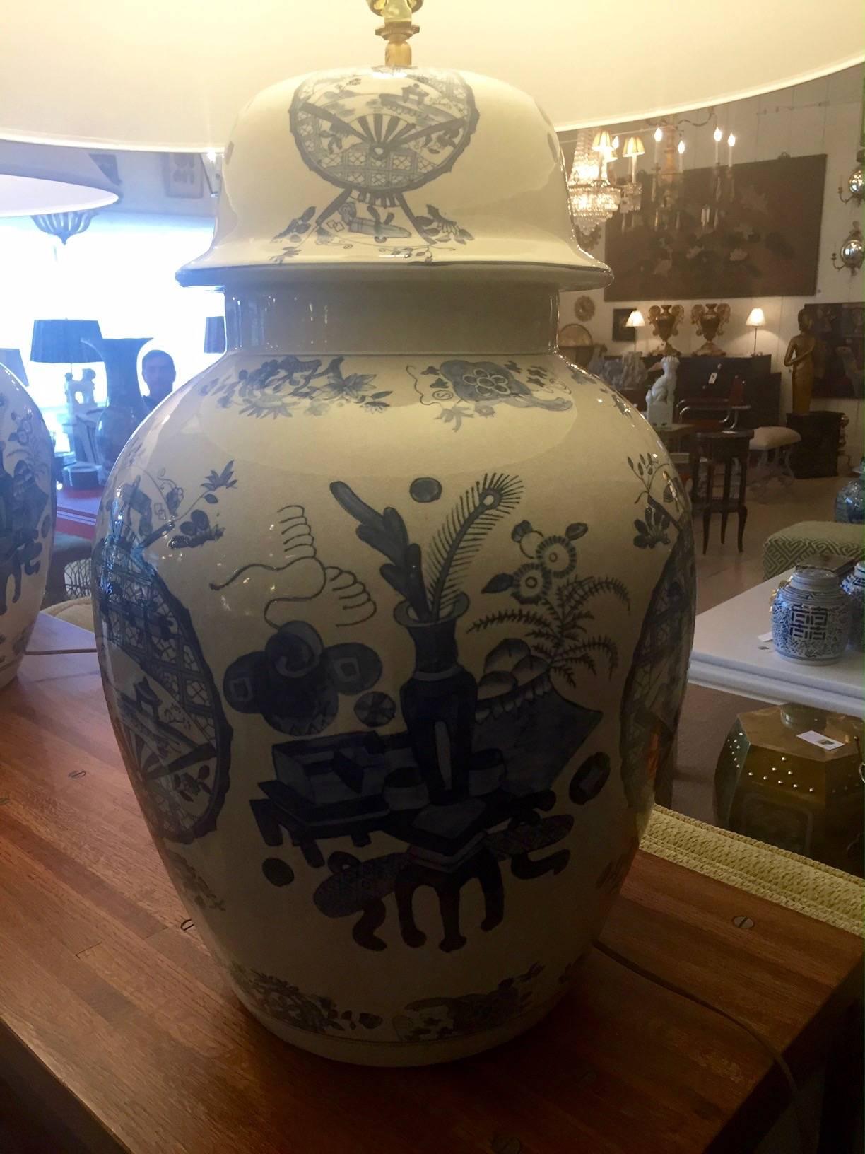 Chinoiserie Pair of Monumental Blue and White Chinese Ginger Jar Lamps