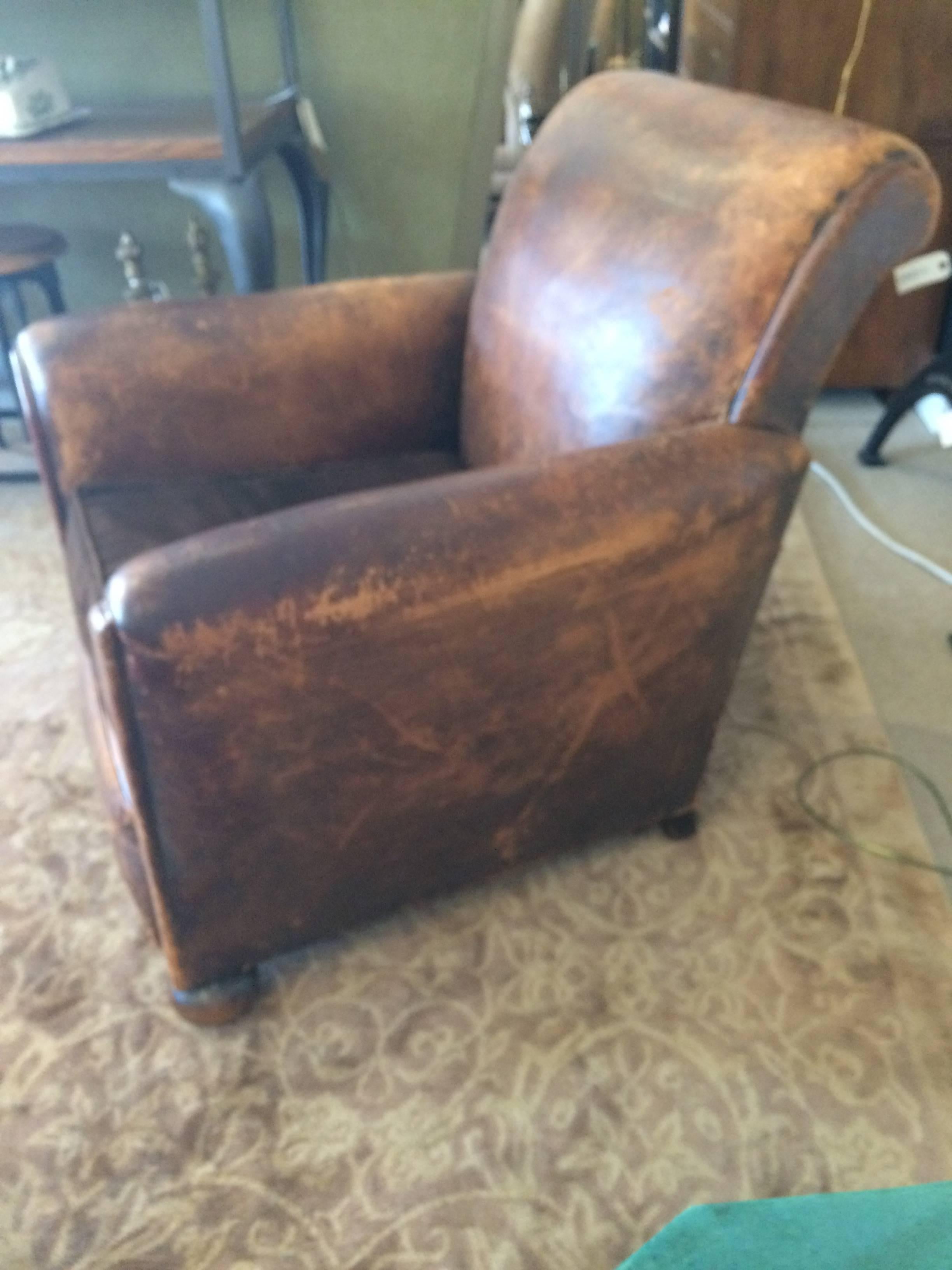 Art Deco Yummy Distressed Leather and Velvet French Club Chair