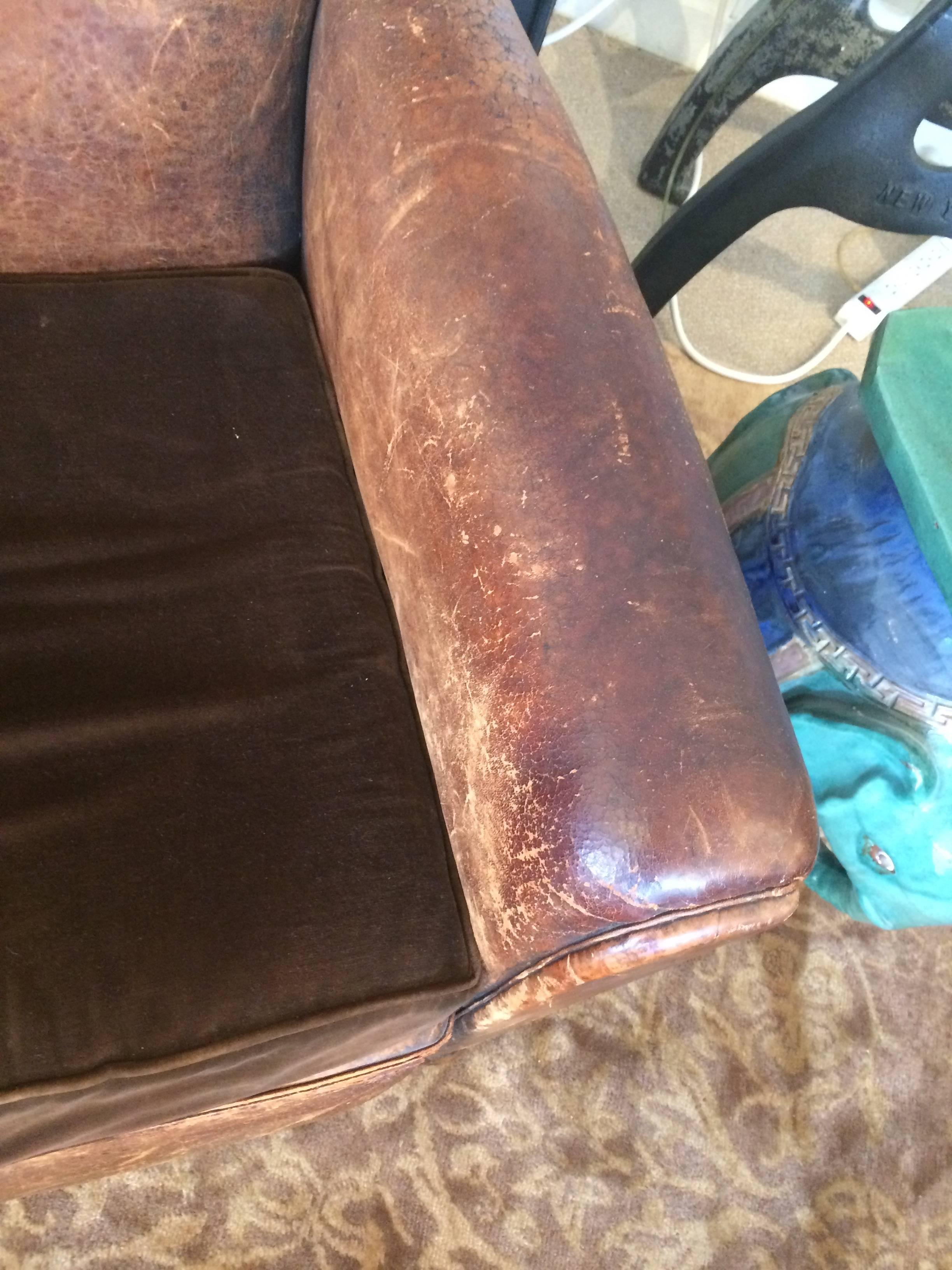 Yummy Distressed Leather and Velvet French Club Chair In Good Condition In Hopewell, NJ