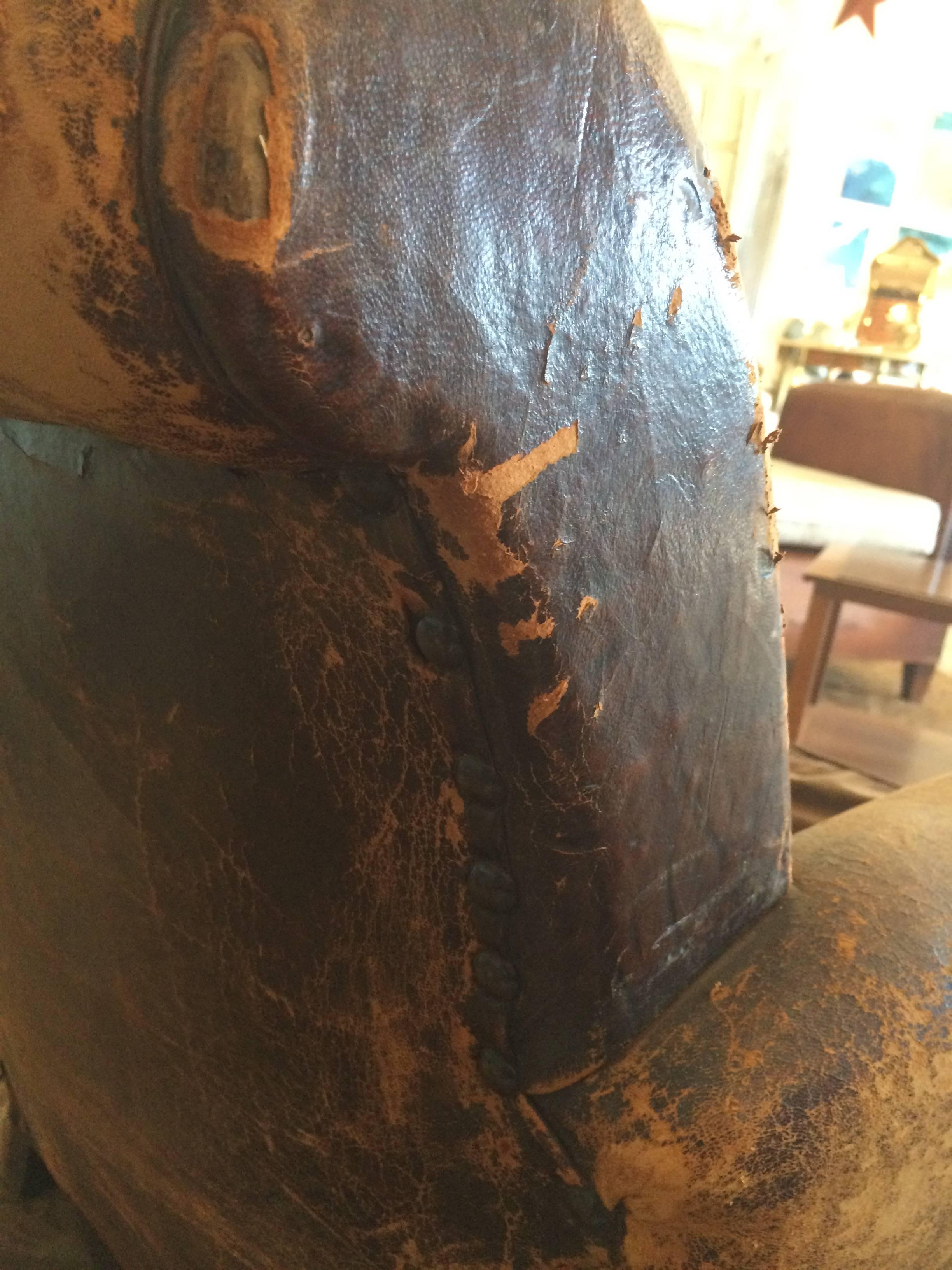 Yummy Distressed Leather and Velvet French Club Chair 4