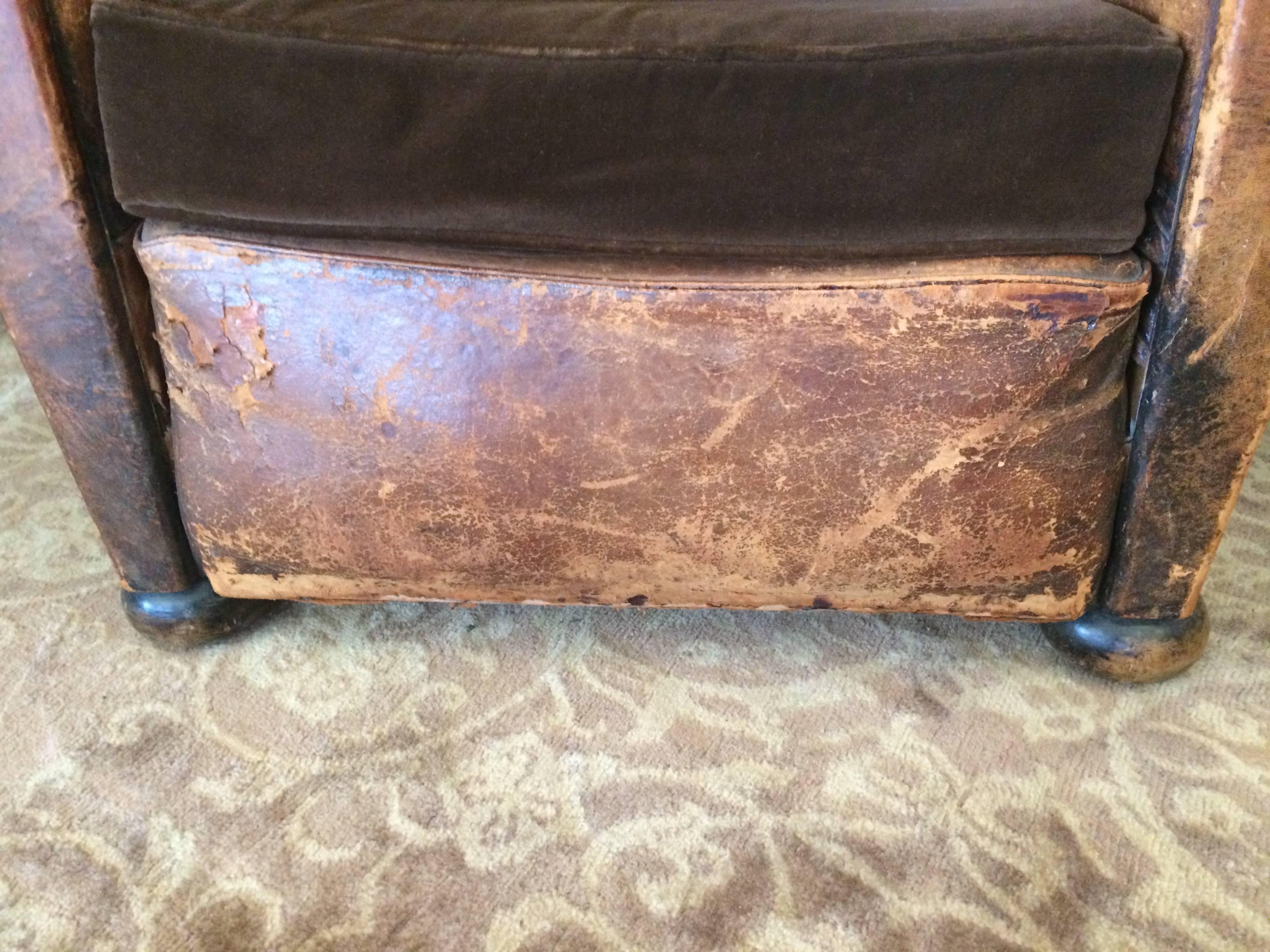 Yummy Distressed Leather and Velvet French Club Chair 5