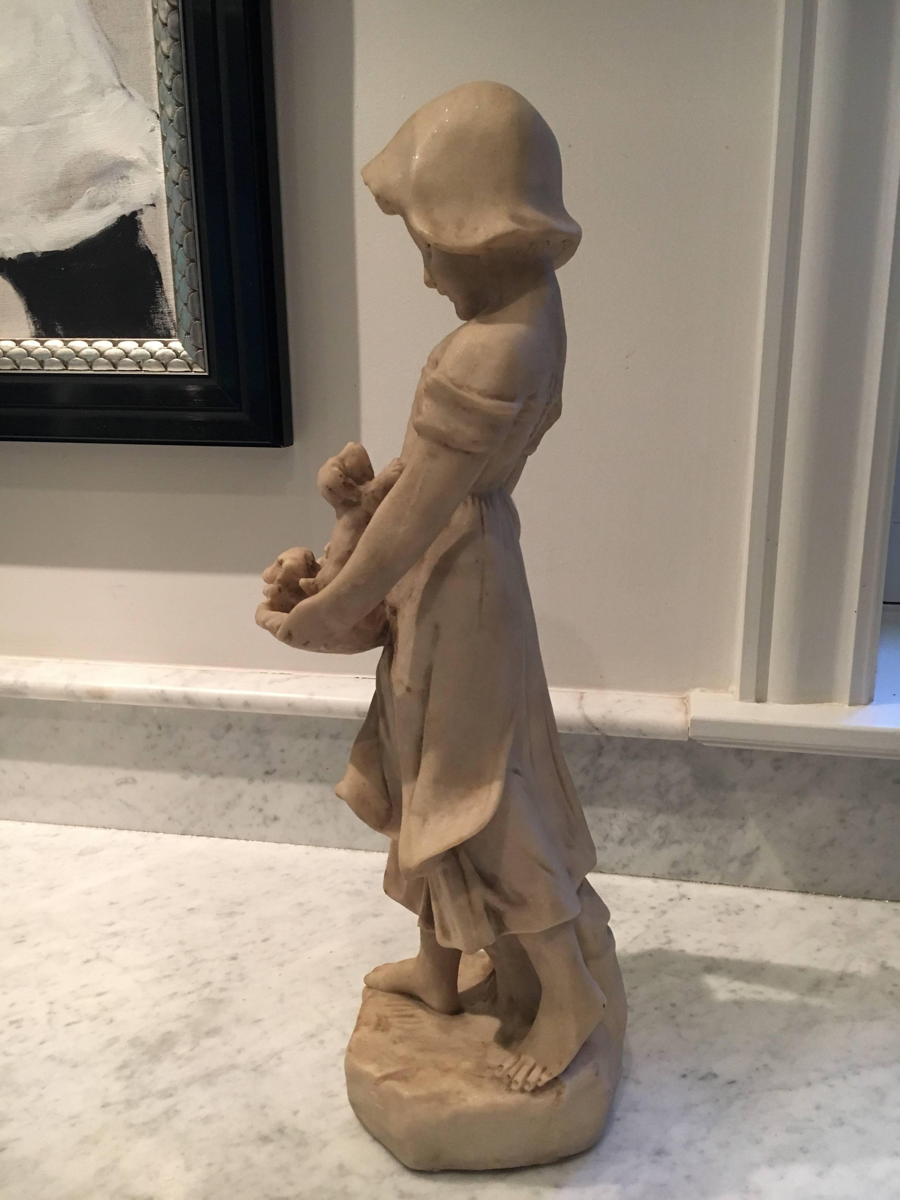 Mid-20th Century Charming Sculpture of Girl with Puppies