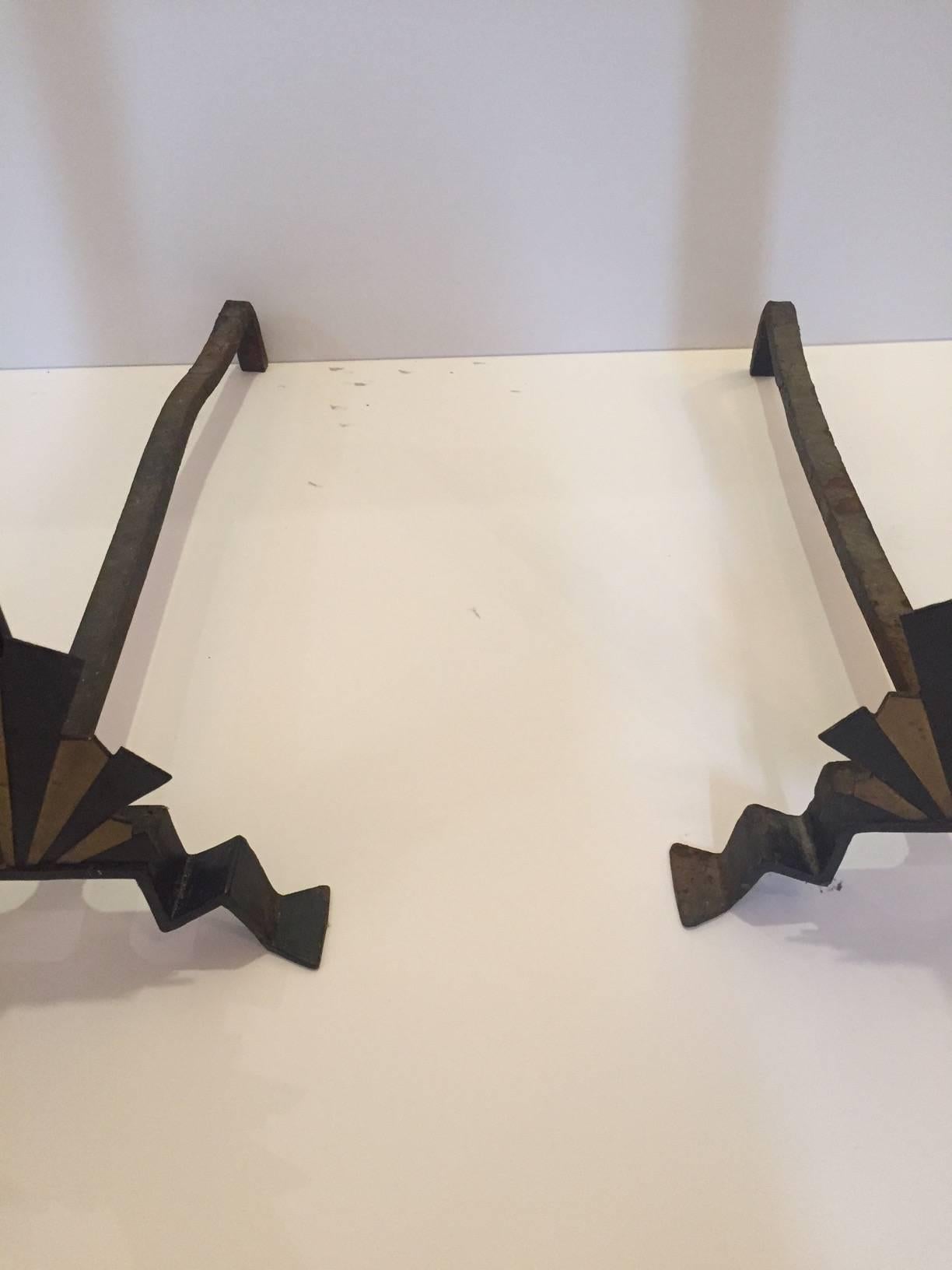 French Sensational Rare Art Deco Andirons in Black and Gold For Sale