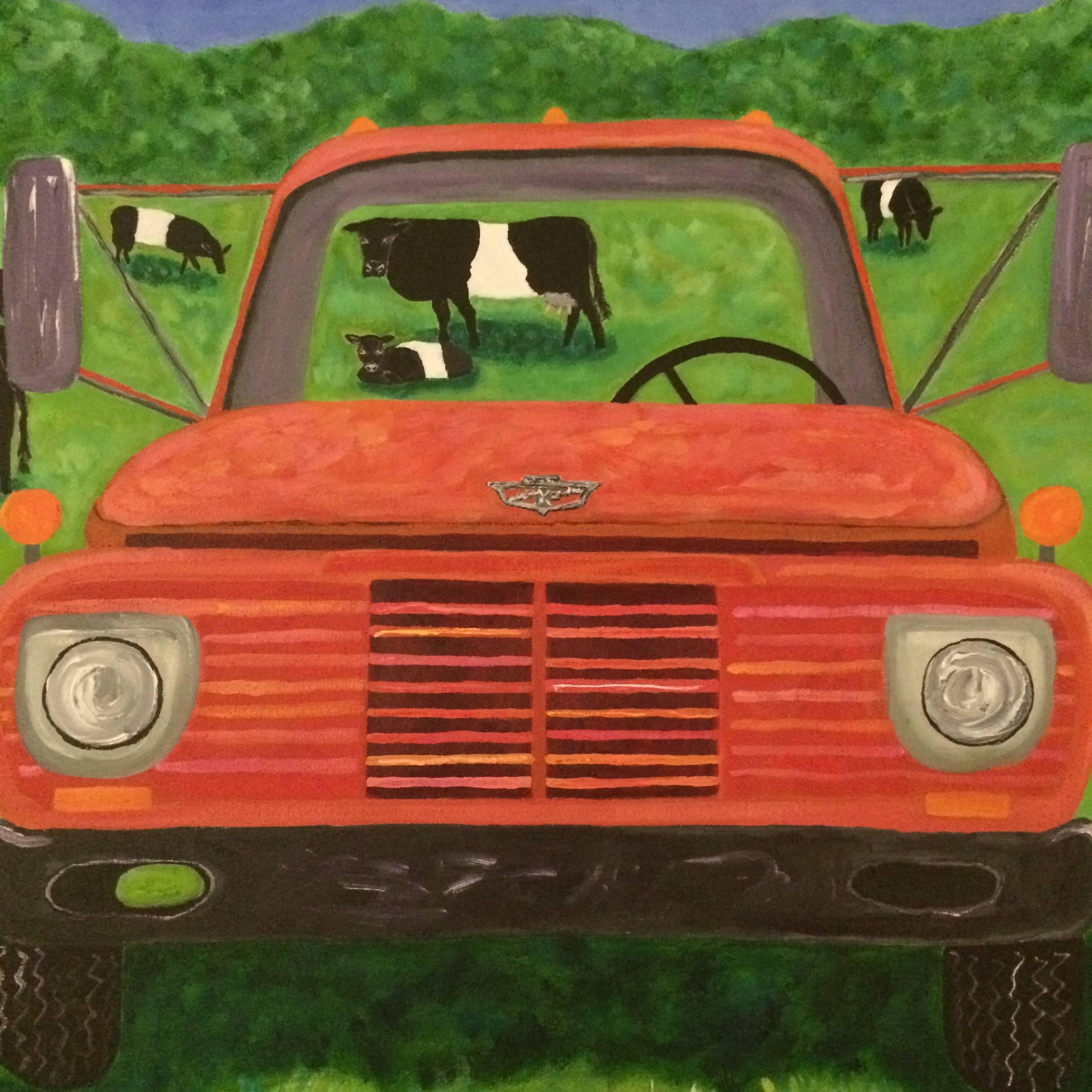 Wonderful bold yet peaceful painting of a vintage orange work truck out in a farm field, with perfectly placed 