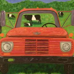 Bold Original Painting of Old Truck and Belted Galloway Cows
