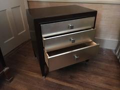 Chic Pair of Ebonized and Silver Leaf Nightstands or Side Tables