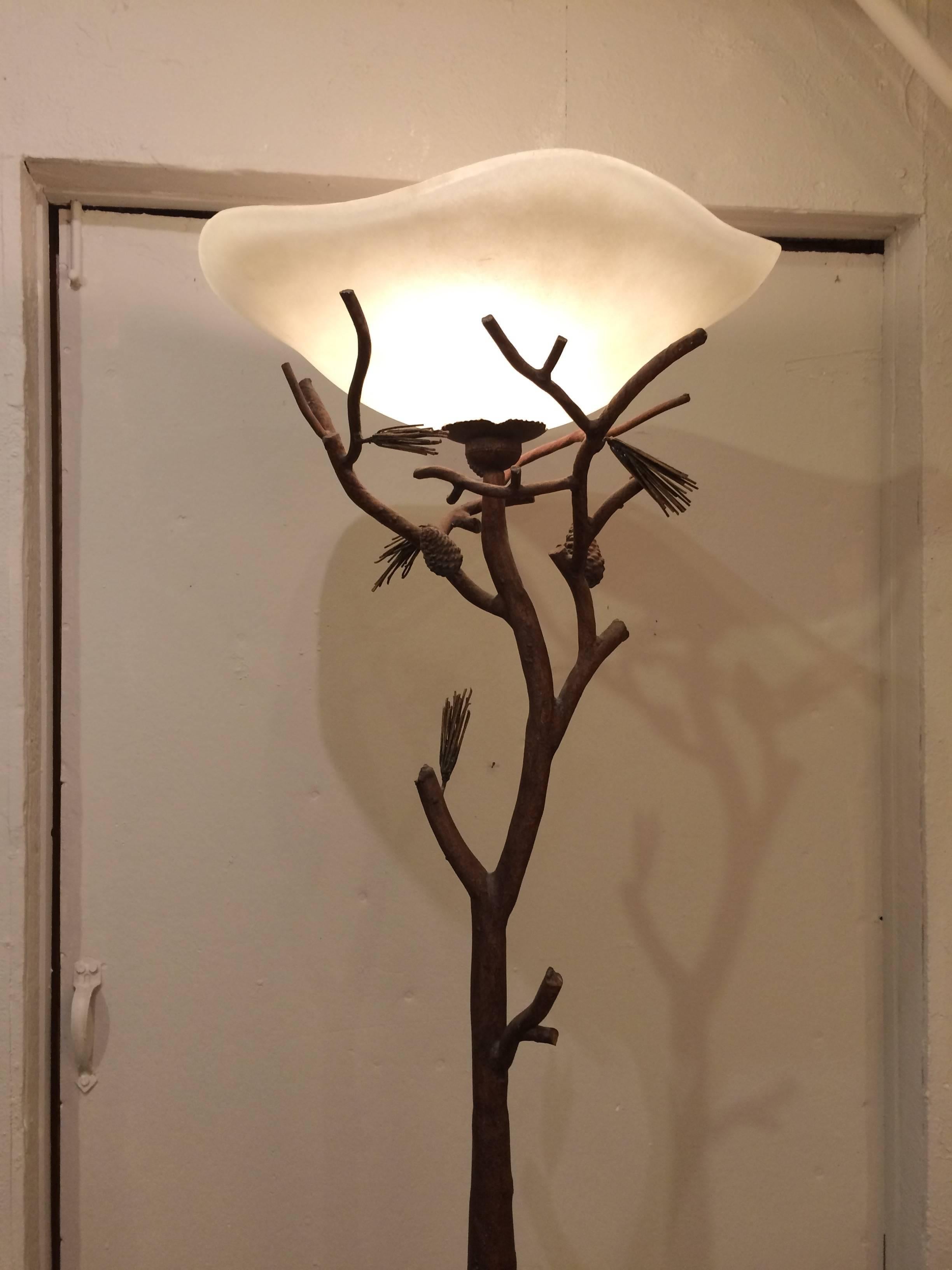 Italian Patinated Faux Bois Wrought Iron Torchiere Floor Lamp