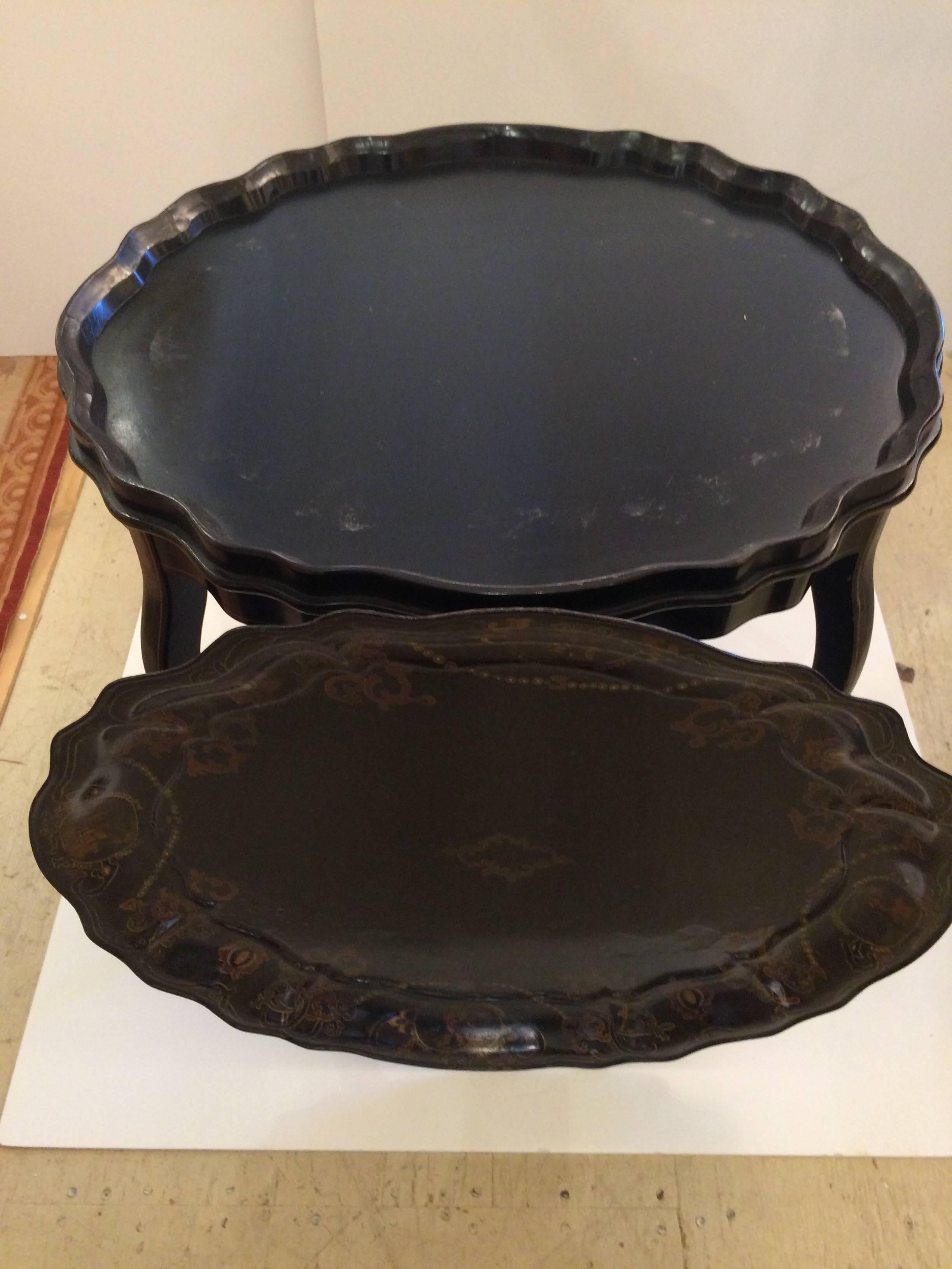 Regency Elegant Black and Gold Hand-Painted Tray Side Table
