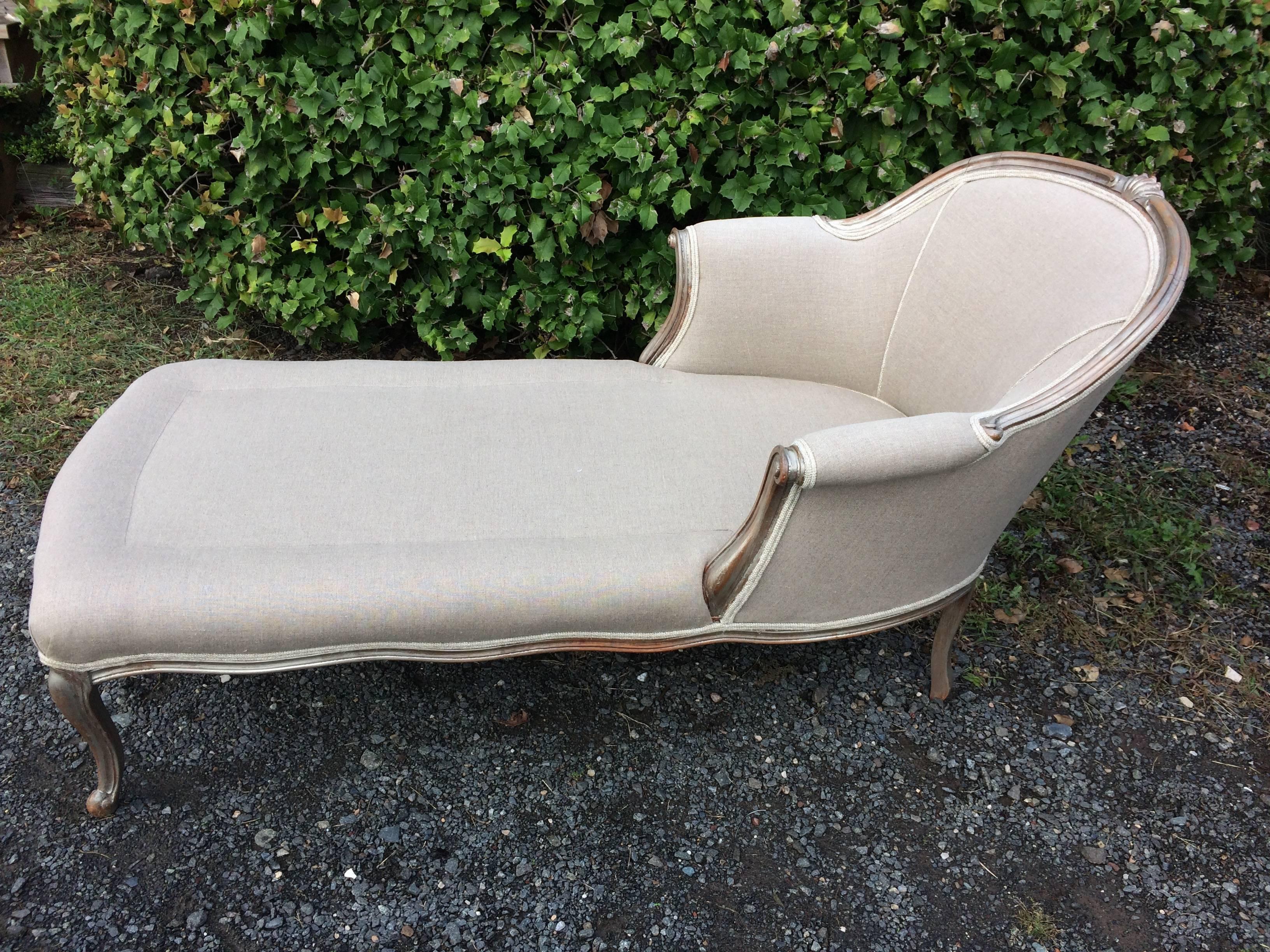 Luxurious French Vintage Silver Giltwood and Belgian Linen Chaise Longue 3