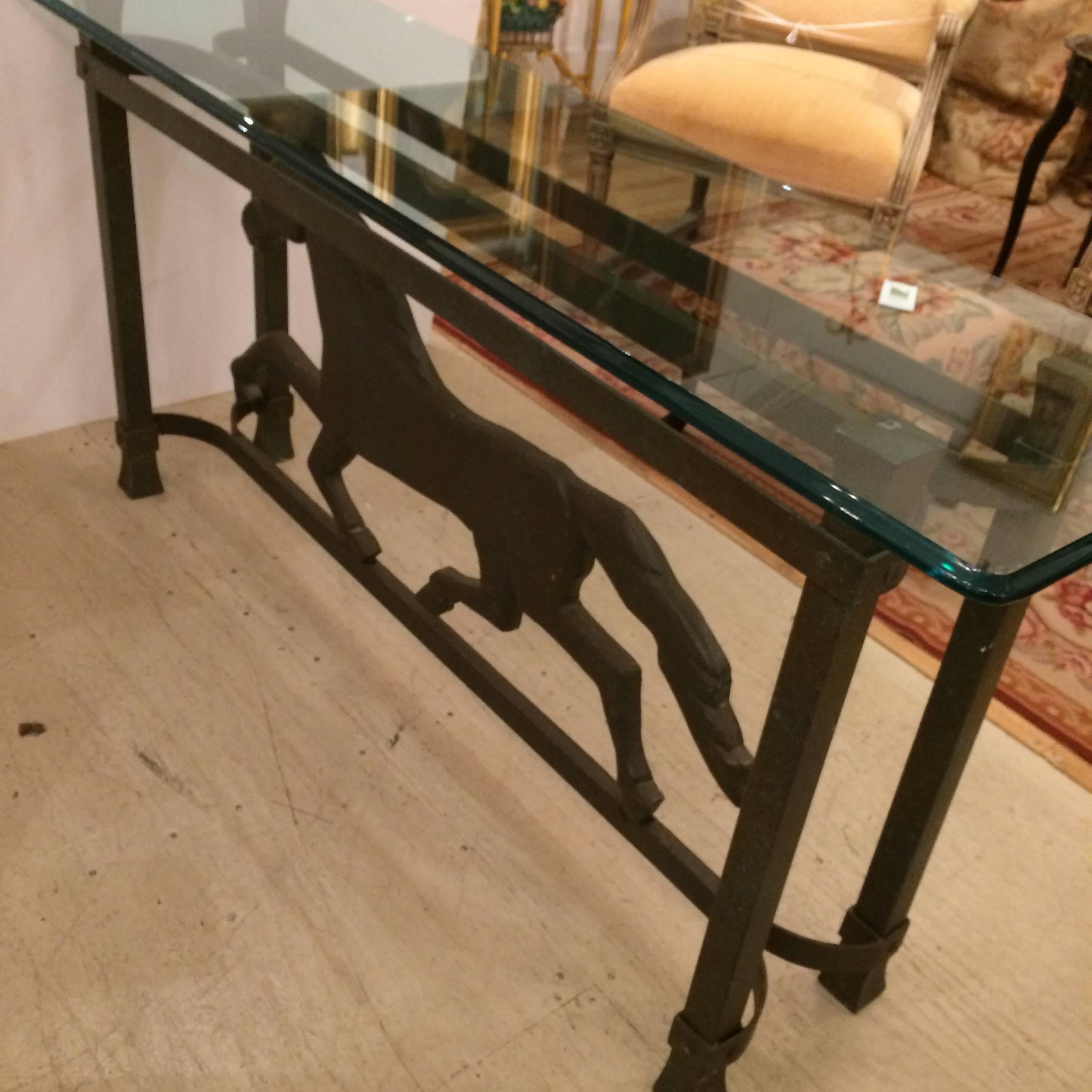 Glass Unusual Iron Striding Horse Console Table