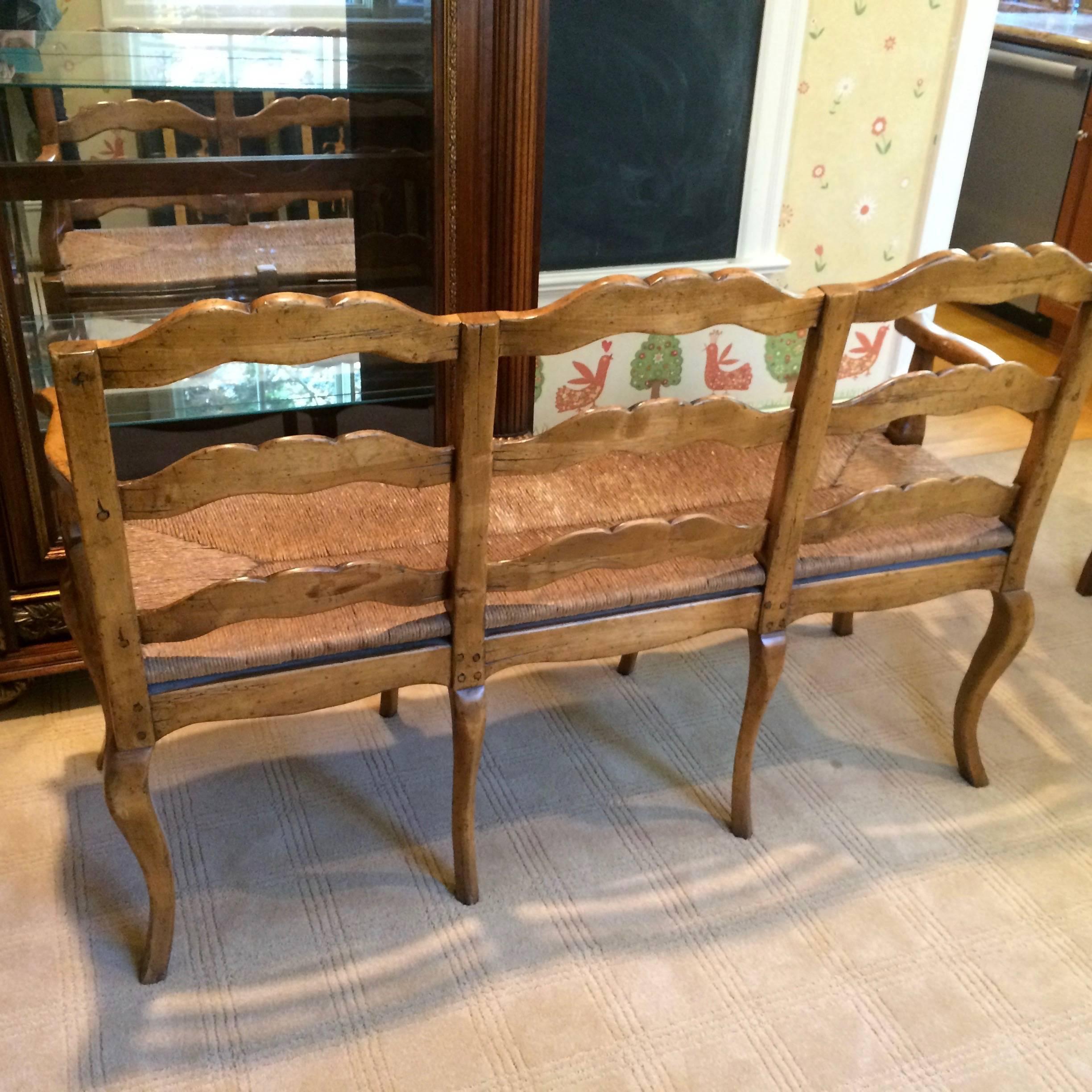 Charming Vintage Wood and Rush Seat Country Bench In Excellent Condition In Hopewell, NJ