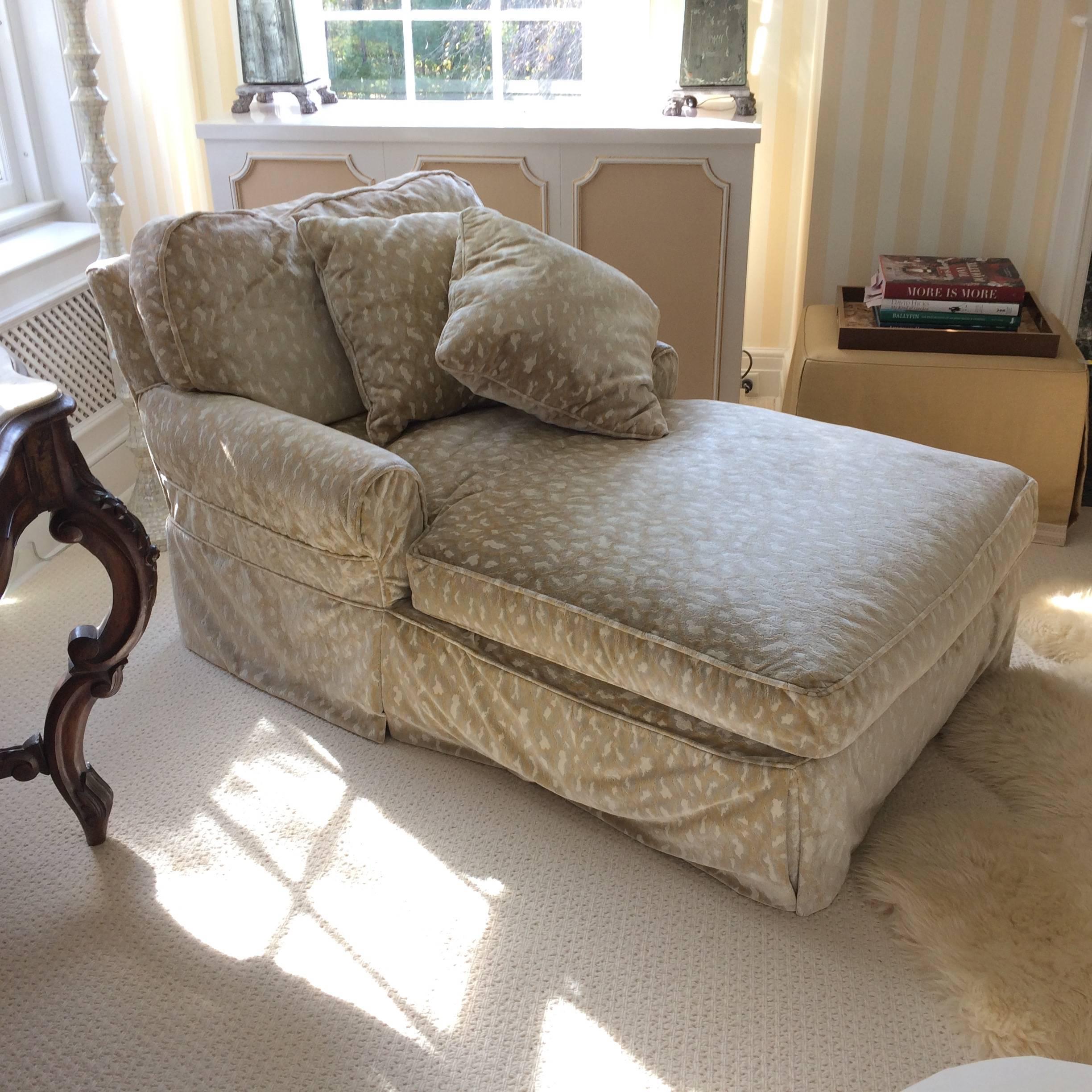 Oversized and enveloping luxury in a custom down filled chaise, upholstered in a dreamy soft faux animal print chenille with soft grey, taupe and cream palette.
Designer Celerie Kemble selected chaise and fabric for a discerning Princeton client.