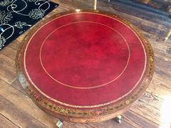 Gorgeous Hand-Painted Satinwood and Tooled Leather Drum Table