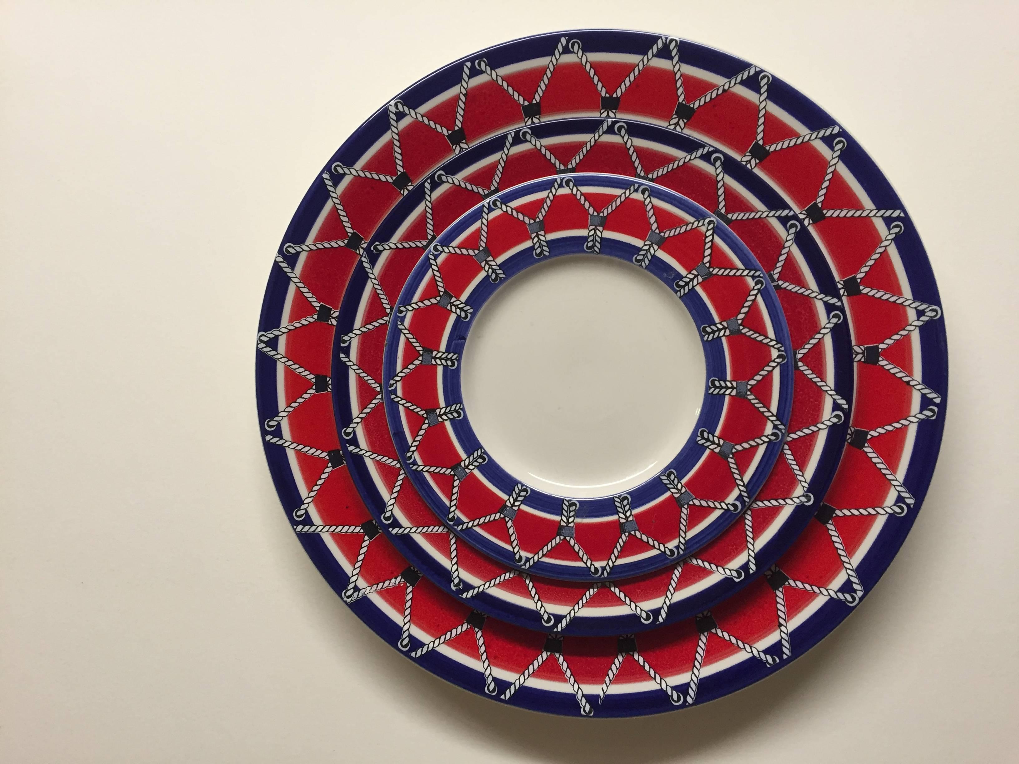Ceramic Red White and Blue Mancioli Drum Motiffe Dinnerware