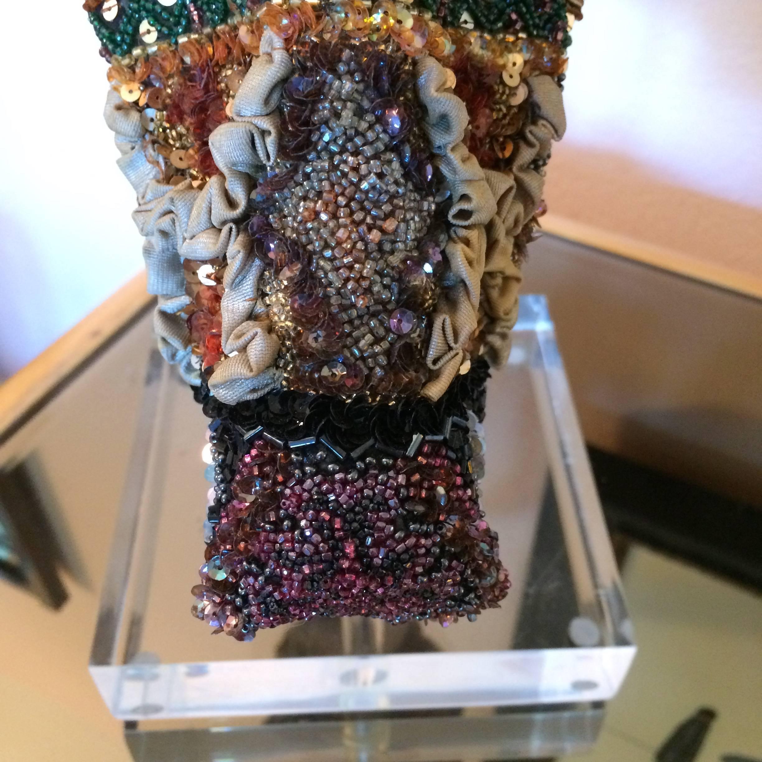 Beads Jewel like Mixed Media Skull Sculpture on Lucite Stand