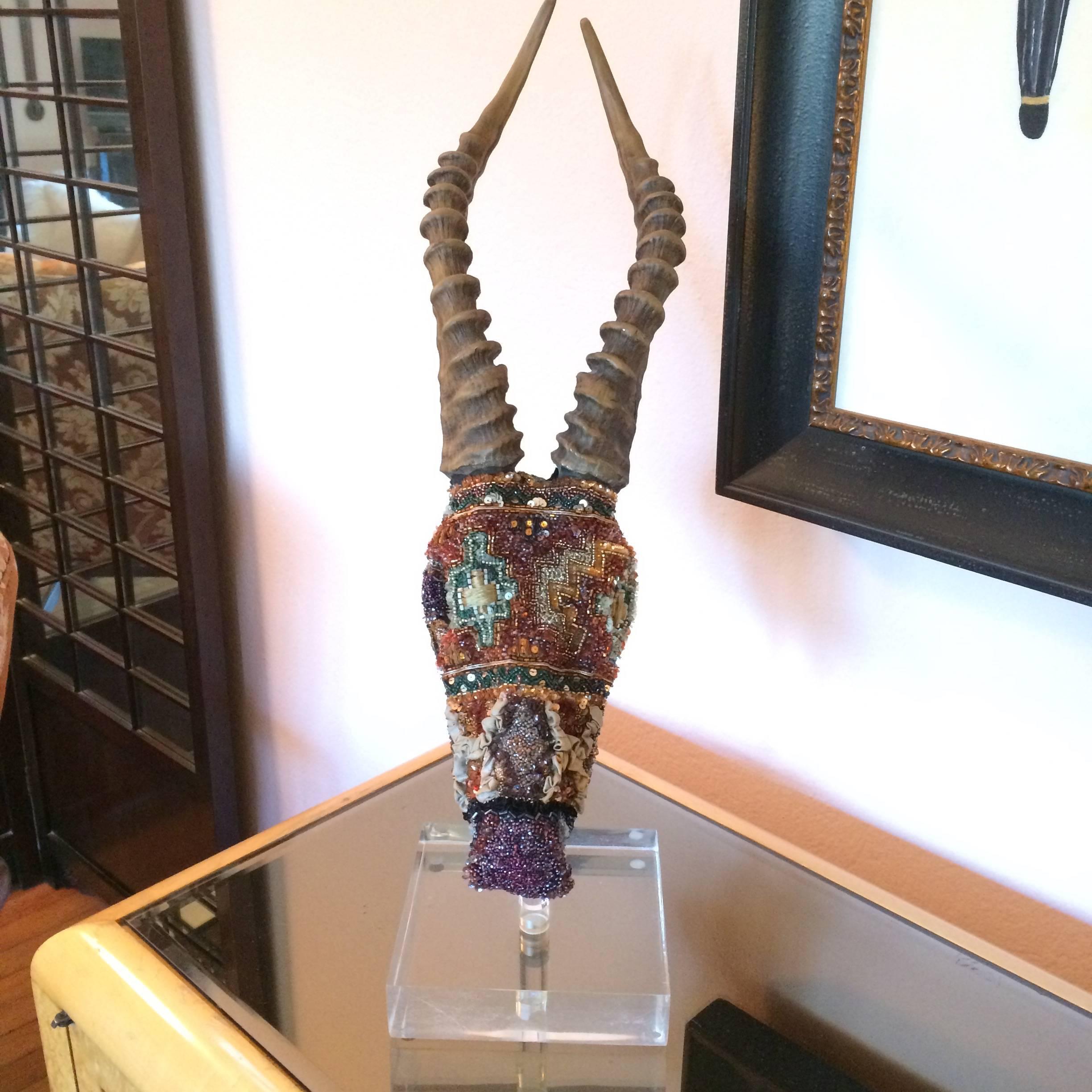 Jewel like Mixed Media Skull Sculpture on Lucite Stand 4