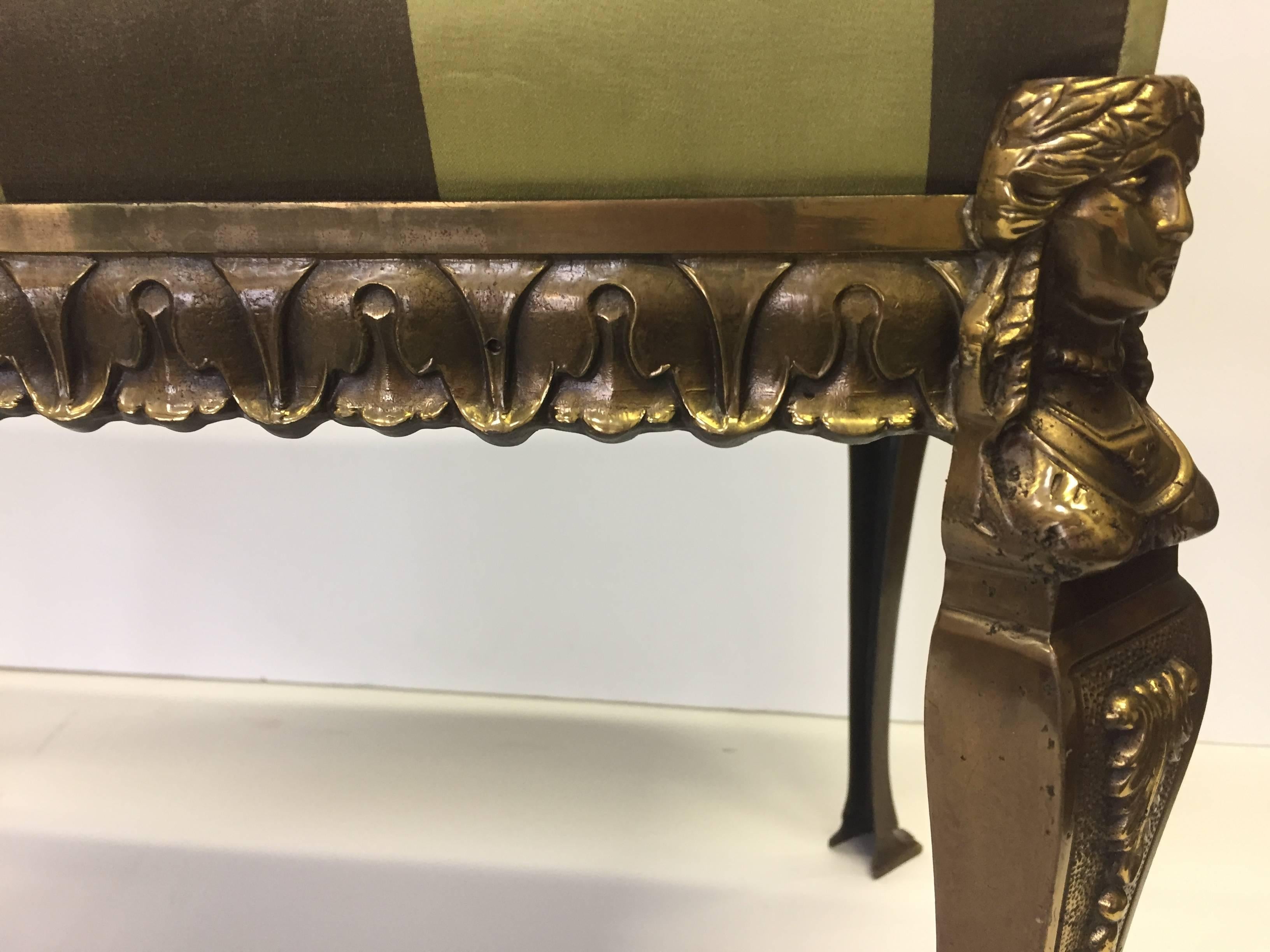 Brass Stunning Neoclassical Style Bronze Bench with Striped Silk Cushion