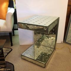 Super Cool Pair of Antiqued Bullseye Mirrored End Tables