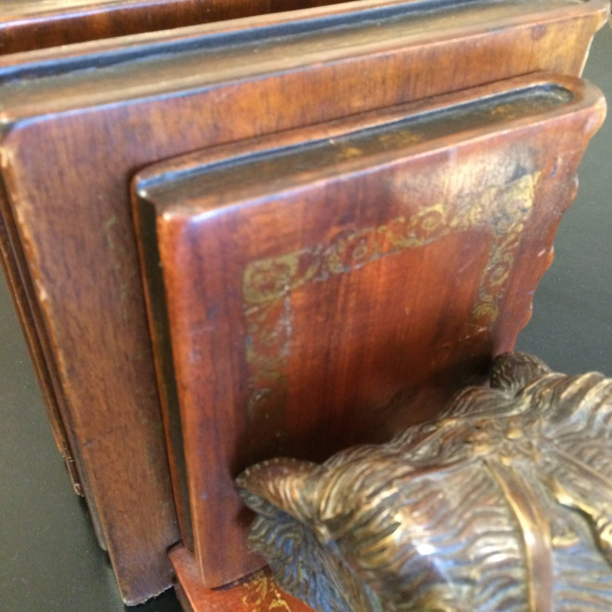 American Masculine Leather and Bronze Elephant Motiffe Bookends