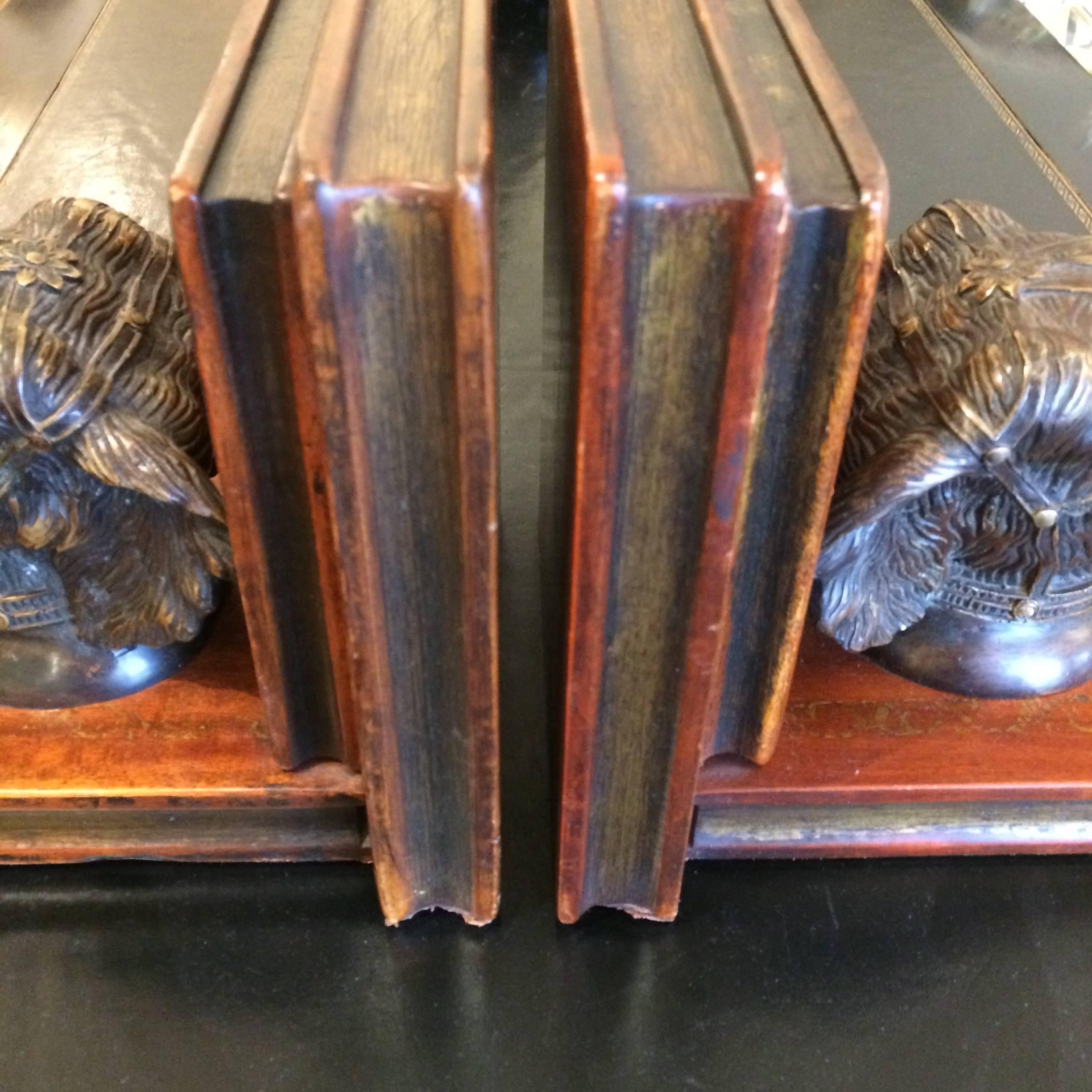 Late 20th Century Masculine Leather and Bronze Elephant Motiffe Bookends