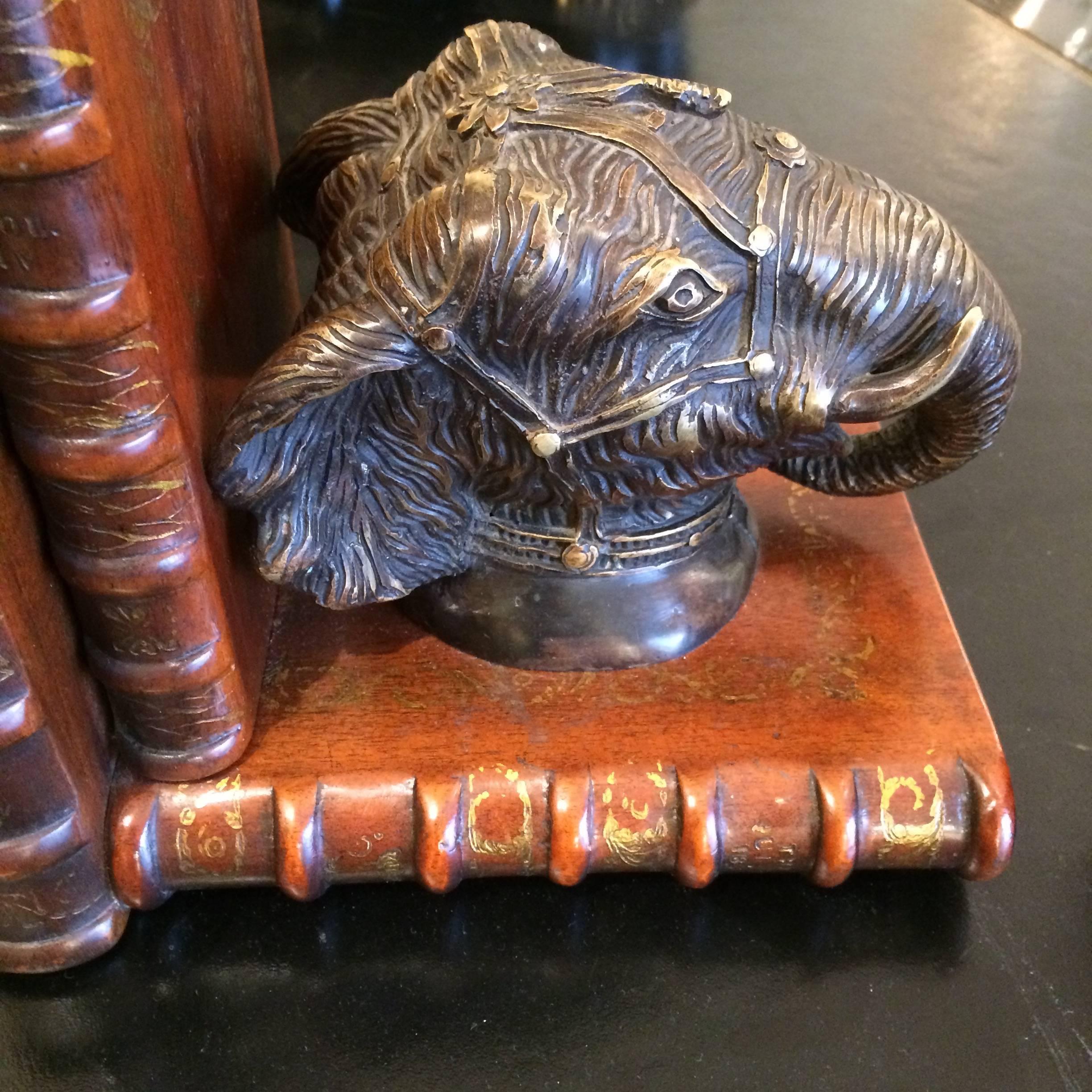 Masculine Leather and Bronze Elephant Motiffe Bookends 1