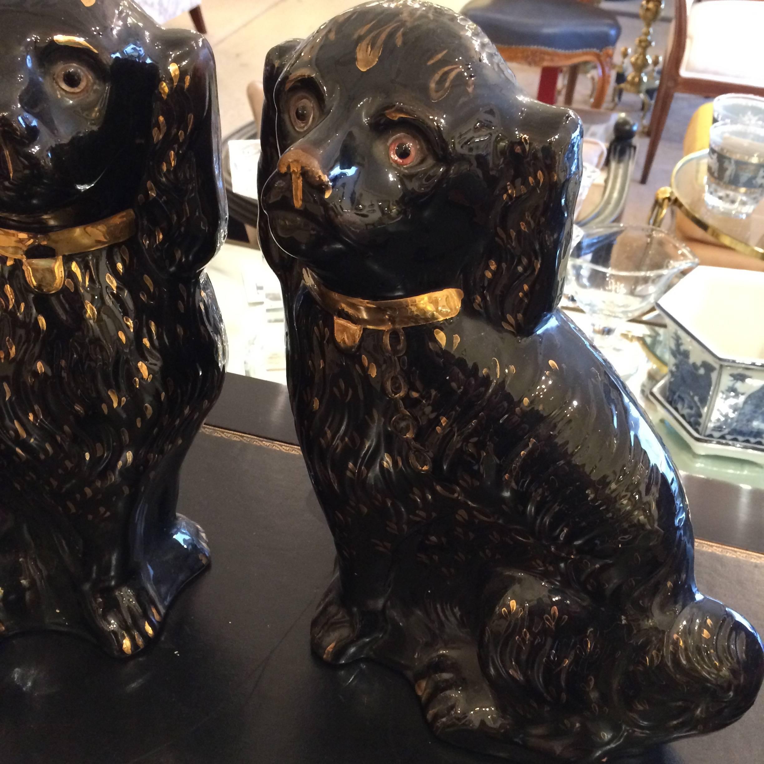 Victorian Large Pair of Antique Black and Gold Staffordshire Spaniels