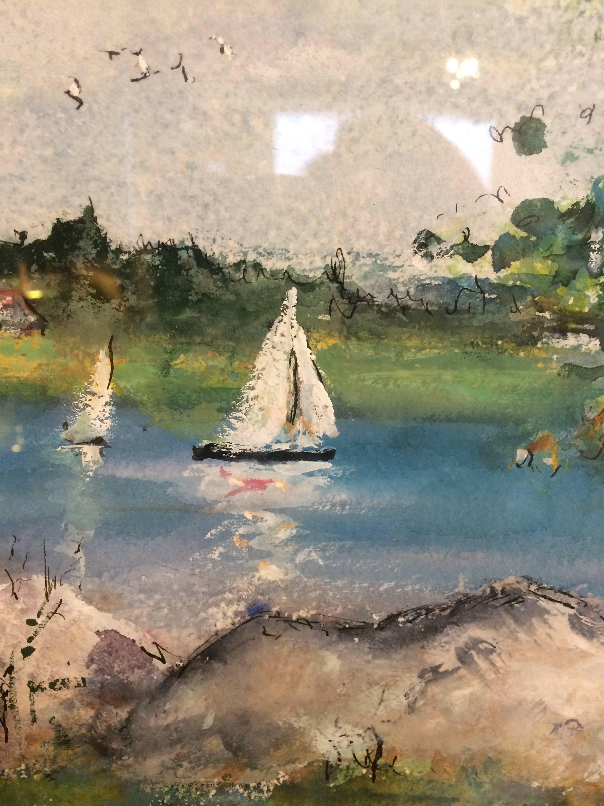 Serene landscape with sailboats by listed American artist, Ruth Raby, 1921-1998, dated 1963, signed lower left. Framed behind glass in giltwood molding.