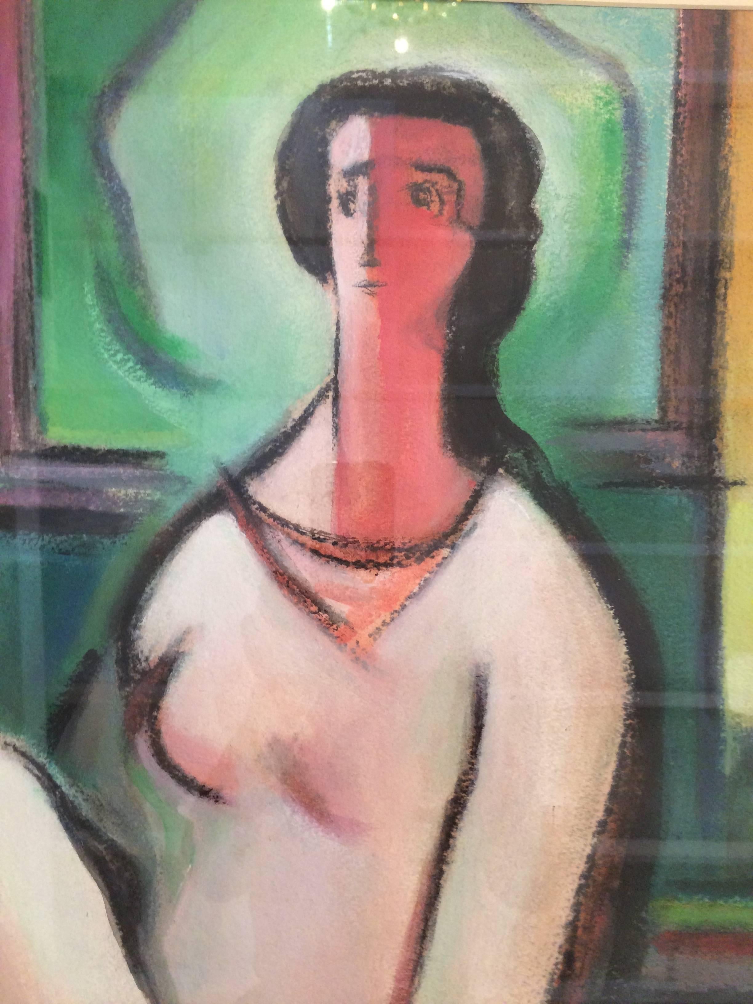 Stilisiertes Porträt einer Frau, die sich auf die Abstraktion zubewegt, in einer auffälligen Farbpalette aus Rosa und Grüntönen. Pastell auf Papier, mattiert und einfach gerahmt.
Signiert unten links. G. Ralph Smith, Amerikaner, 1907-2007 Titel: