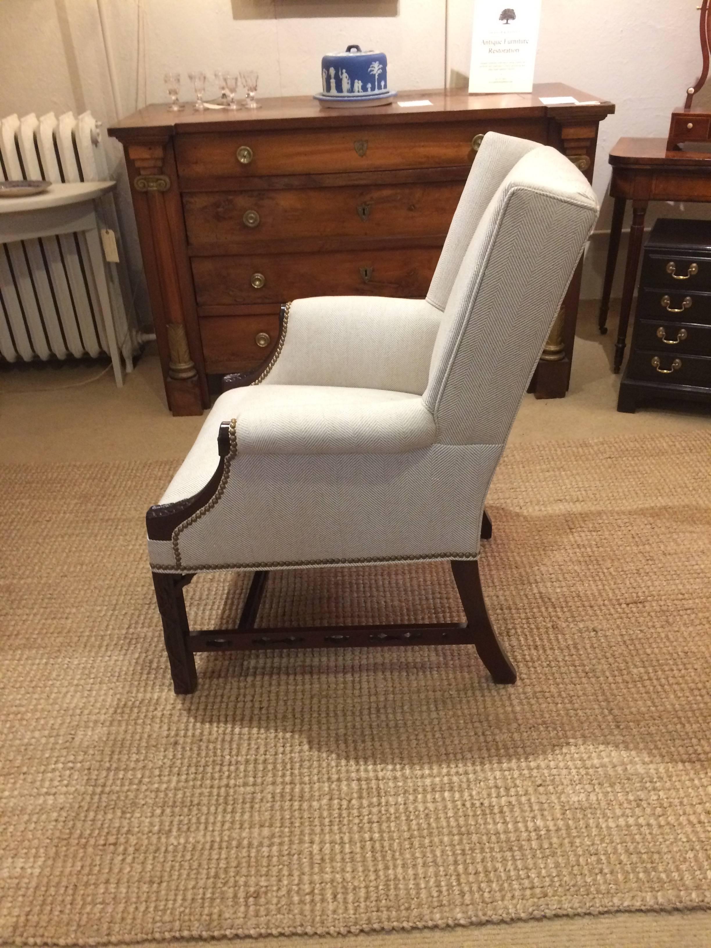 English Stunning Pair of Chippendale Mahogany Upholstered Herringbone Armchairs