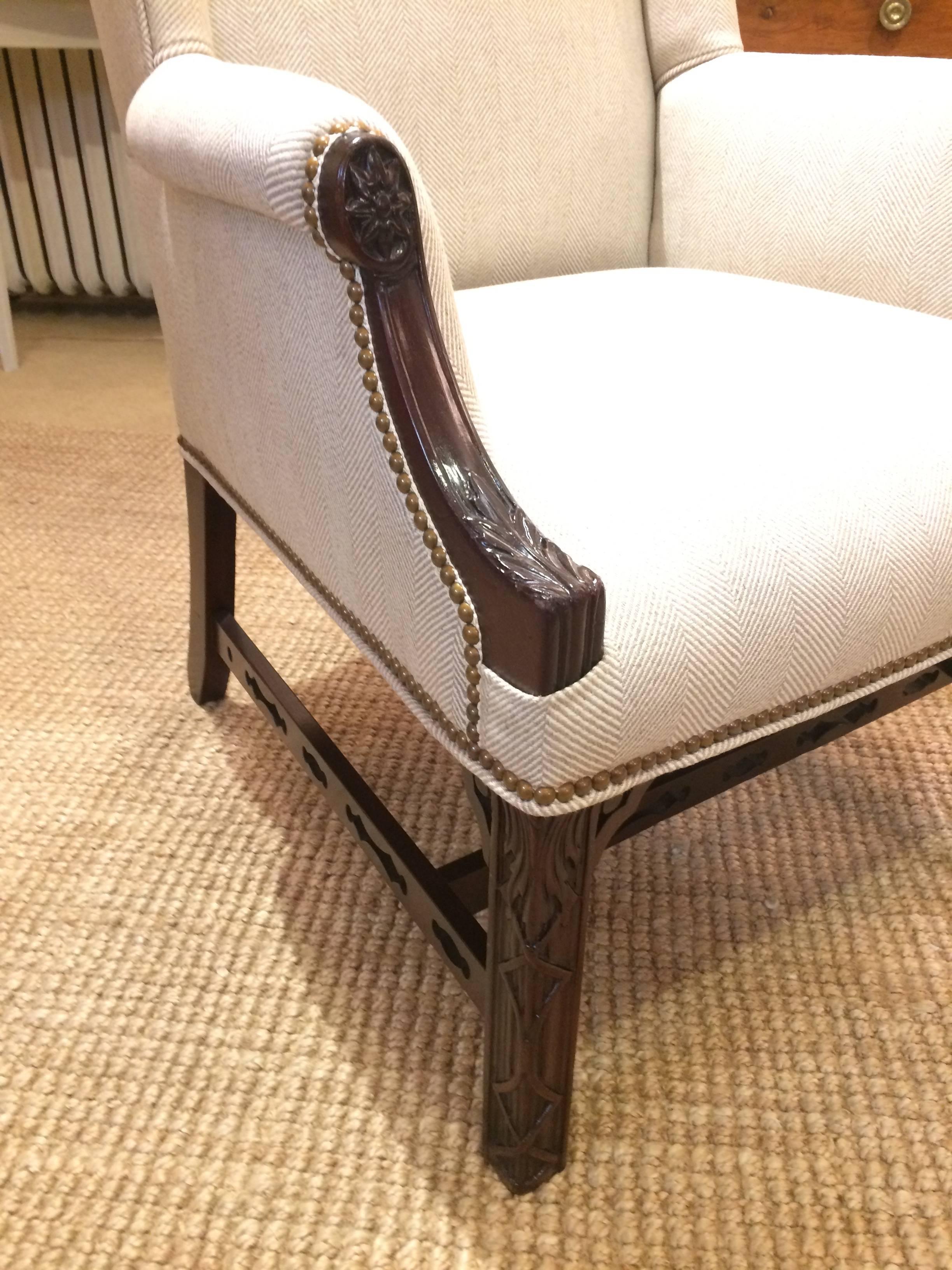 Stunning Pair of Chippendale Mahogany Upholstered Herringbone Armchairs 3