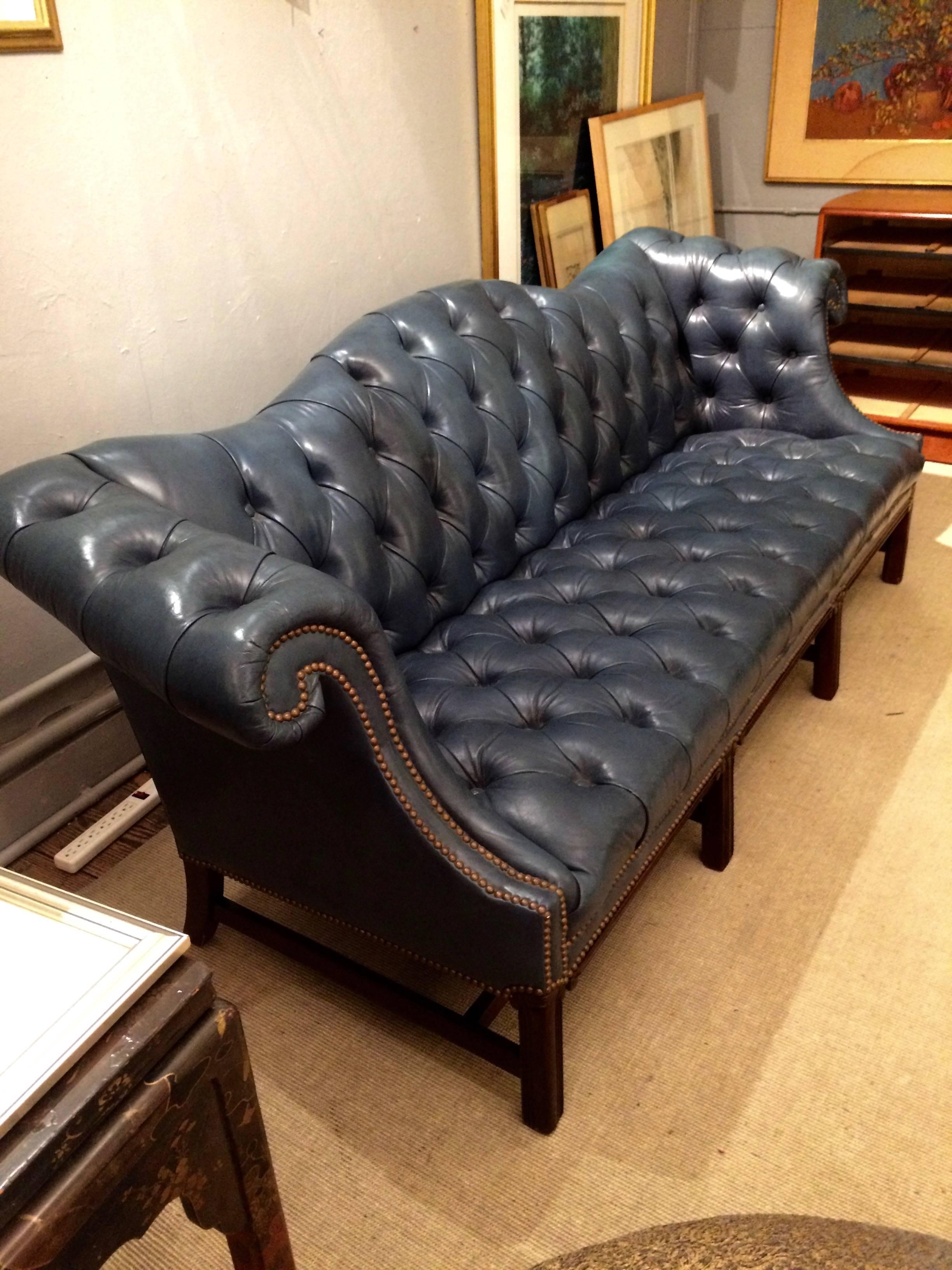 Elegant Grey Blue Leather Tufted Chesterfield 1