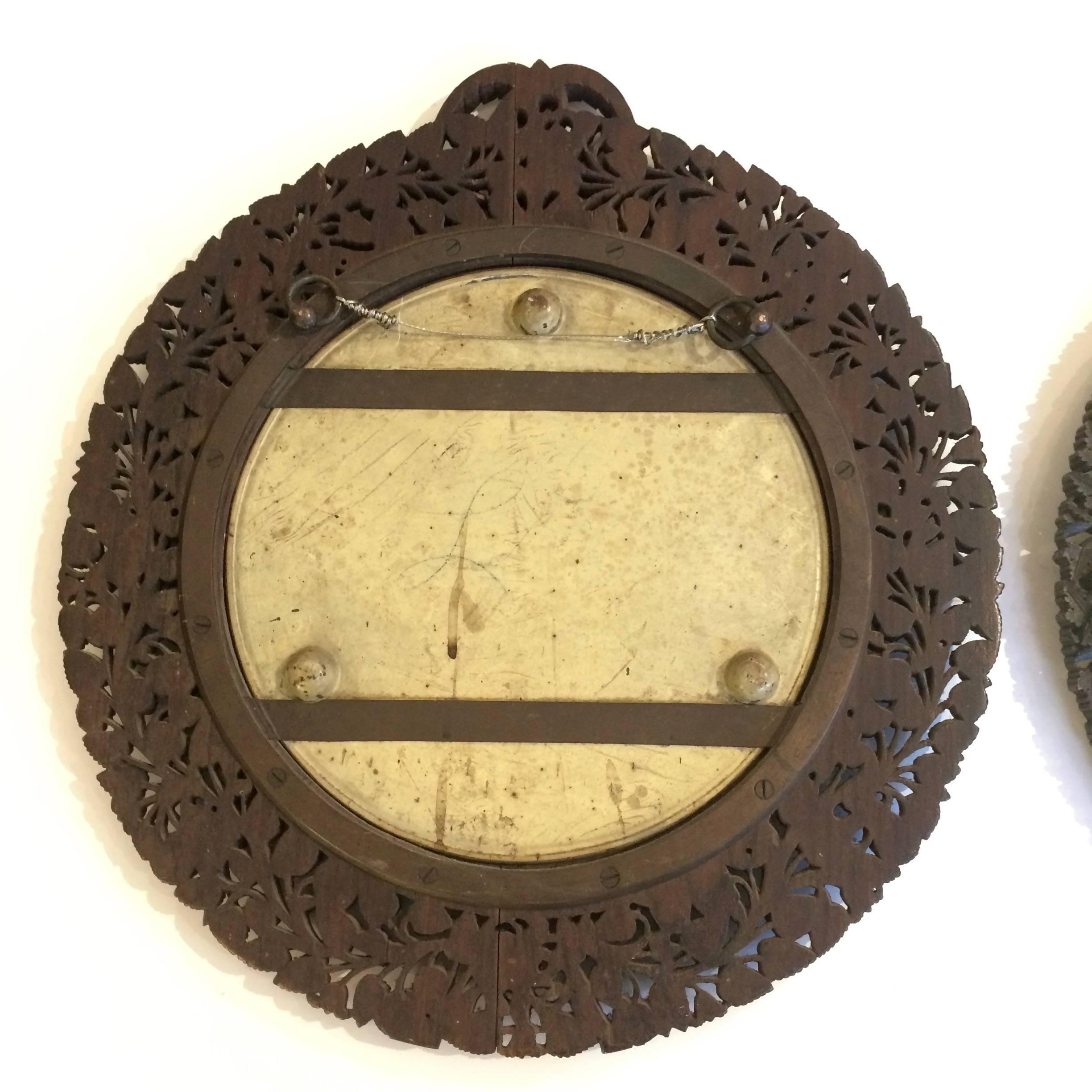 Pair of Intricate Chinese Export Carved Wood Round Bullseye Mirrors 3