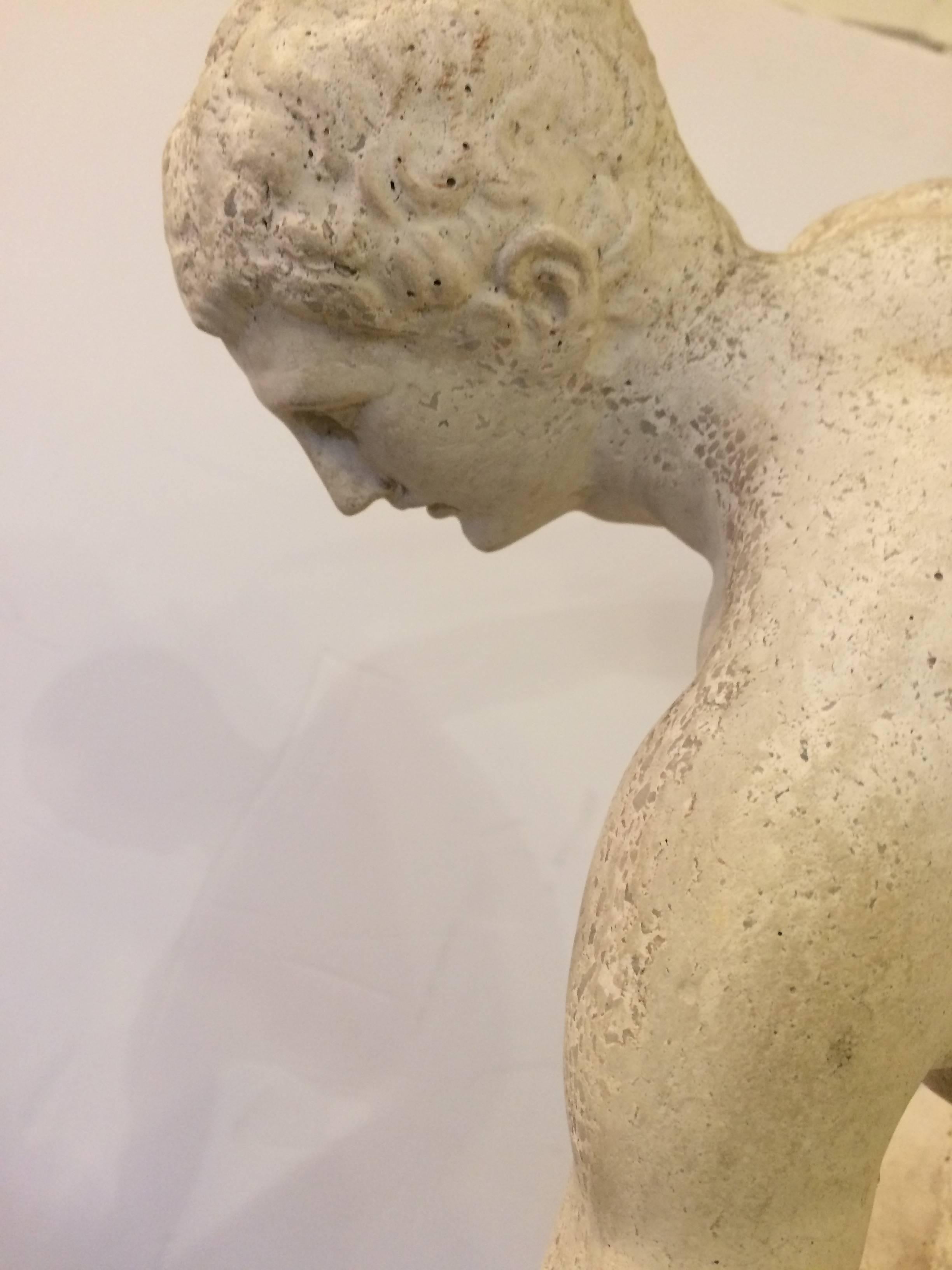 Classical plaster sculpture of Greek discus thrower with beautiful detail. Plaster has a good grayish and white color. Base is 11.5 W.