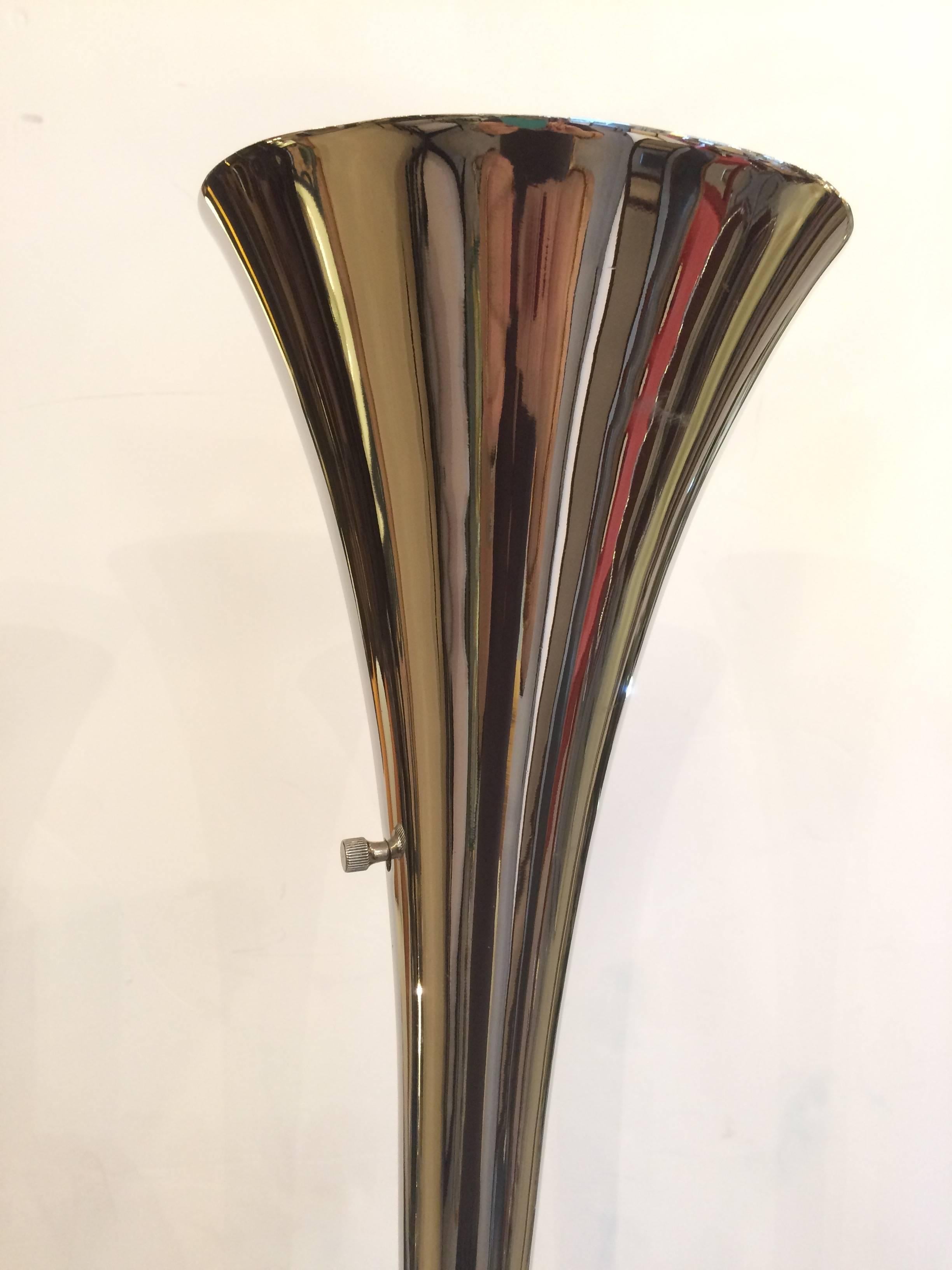 Two sleek sophisticated floor lamps with classic mid century design, elongated and shaped like a horn. By Laurel Lamp Company and newly refurbished in a stunning nickel finish. Top is 7.25 W.