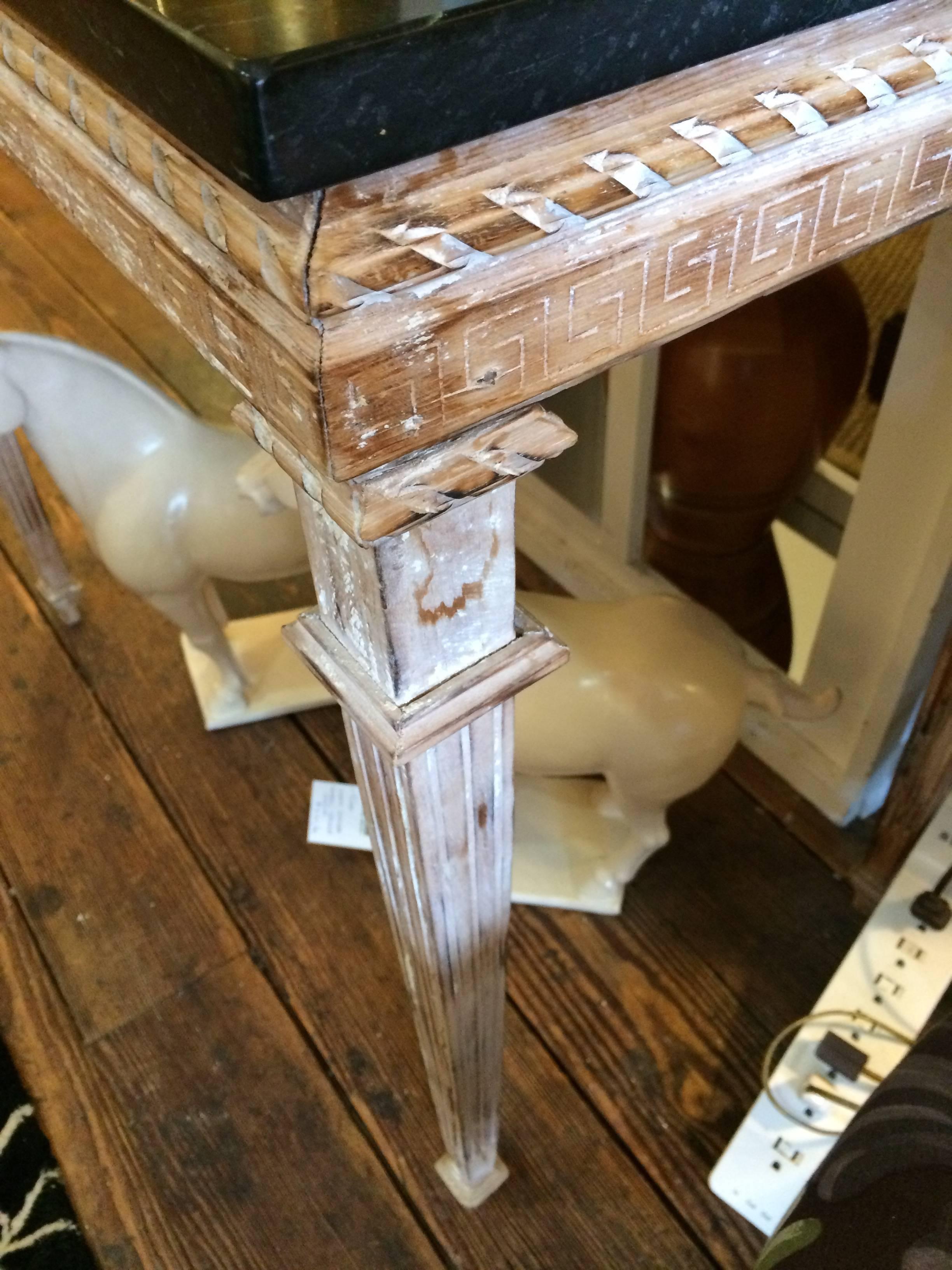 Neoclassical Elegant Pair of Carved Distressed Wood & Black Marble Console Tables