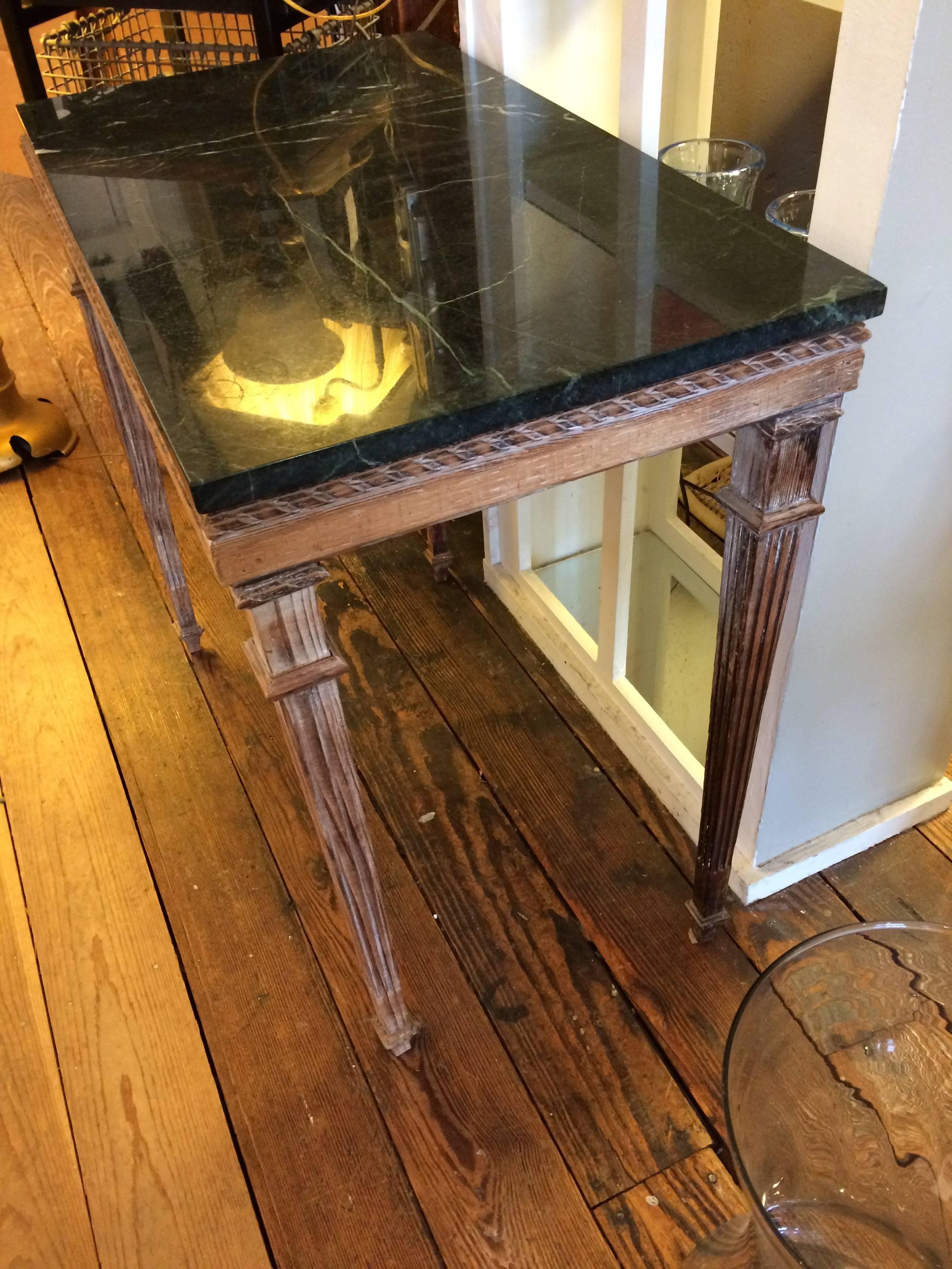 Elegant Pair of Carved Distressed Wood & Black Marble Console Tables In Excellent Condition In Hopewell, NJ