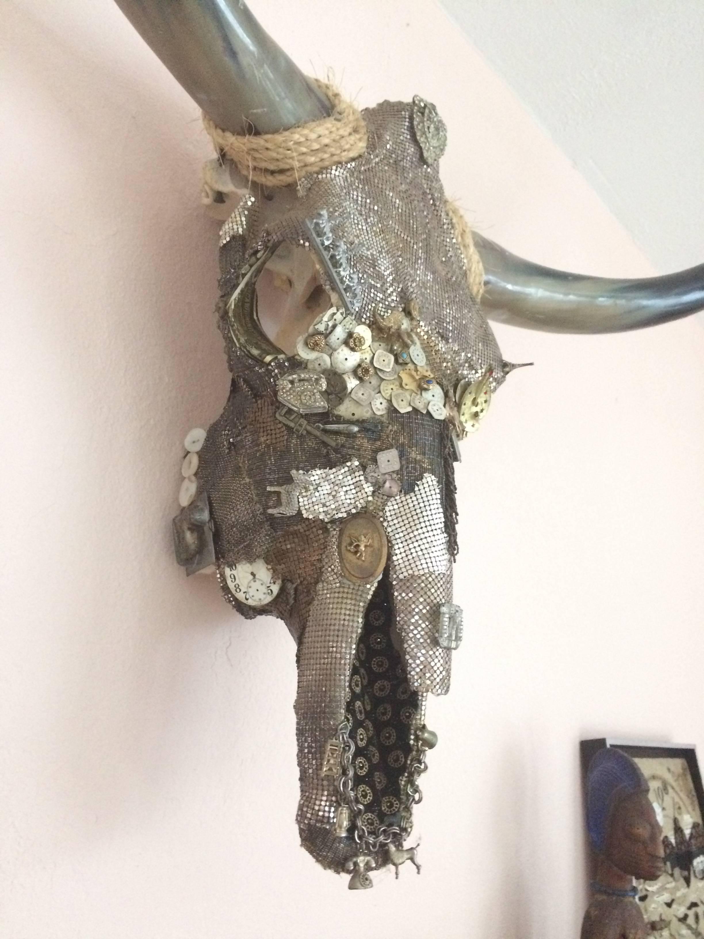 Contemporary Striking Mixed-Media Longhorn Skull Sculpture Titled Charmed