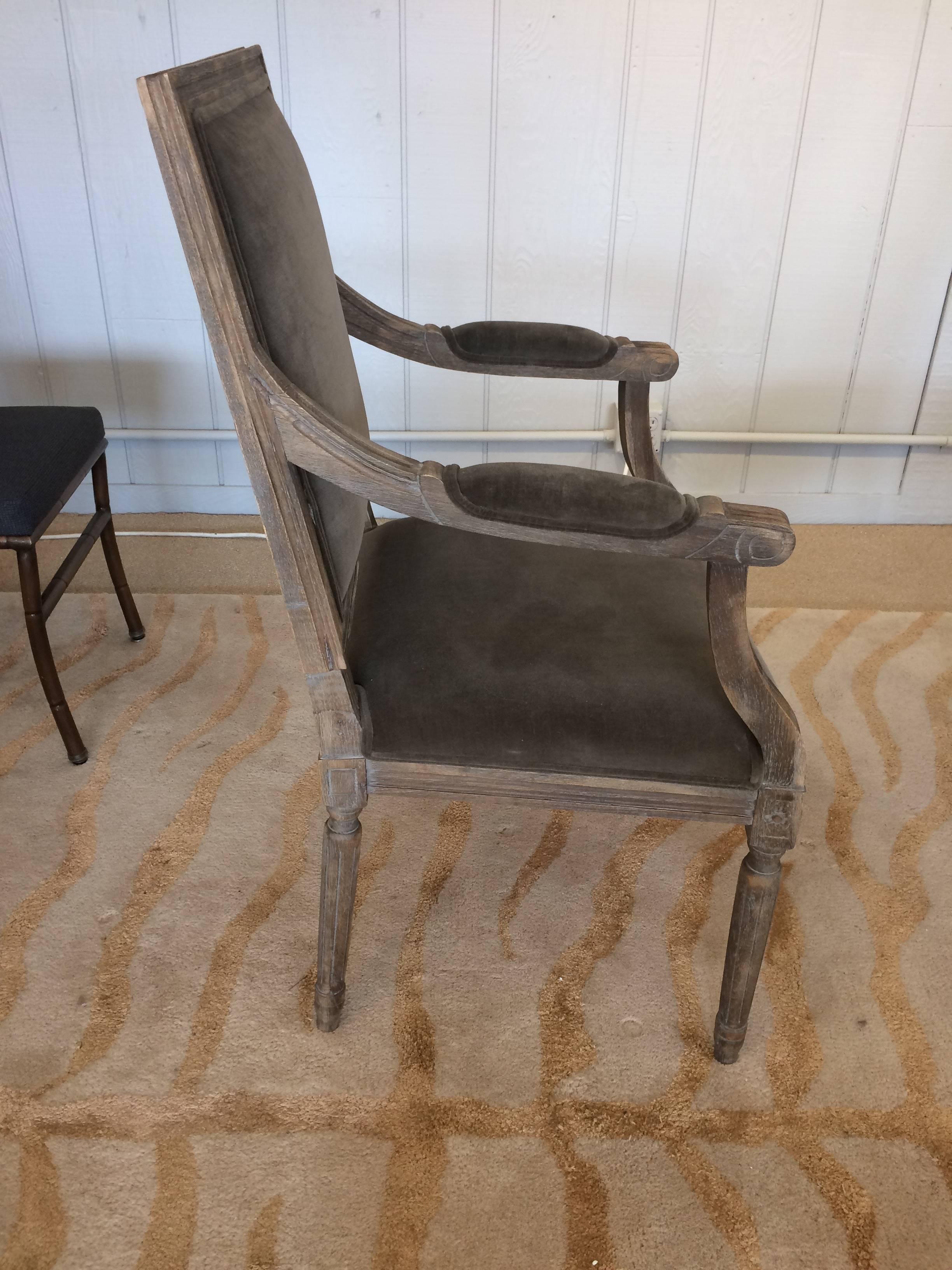 Set of Six Restoration Hardware Washed Oak and Velvet Dining Chairs In Excellent Condition In Hopewell, NJ